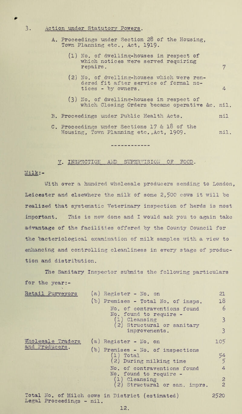 3. Action under Statutory Powers. A. Proceedings under Section 28 of the Housing, Town Planning etc., Act, 1919- (1) Ho. of dwelling-houses in respect of which notices were served requiring repairs. 7 (2) Ho. of.dwelling-houses which were ren- dered fit after service of formal no- tices - by owners. 4 (3) Ho. of dwelling-houses in respect of which Closing Orders became operative &c. nil. B. Proceedings under Public Health Acts. nil C. Proceedings under Sections 17 & l8 of the Housing, Town Planning etc.,Act, 1909. nil. V. IHSPBCTIGi: ABB SuPER'VSIOH OP POOP Milk:- V/ith over a hundred wholesale producers sending to London, Leicester and elsewhere the milk of some 2,500 cows it will be realized that systematic Veterinary inspection of herds is most important. This is now done and I would ask you to again take advantage of the facilities offered by the County Council for the bacteriological examination of milk samples with a view to enhancing and controlling cleanliness in every stage of produc- tion and distribution. The Sanitary Inspector submits the following particulars for the year:- Retail Purveyors (a) Register - Ho. on 21 (b) Premises - Total Ho. of insps. l8 Ho. of contraventions found 6 Ho. found to require - (l) Cleansing 3 (2; Structural or sanitary improvements. 3 Wholesale Traders and Producers. (a) Register - Ho. on 105 (b) Premises - Ho. of inspections (1) Total ' 54 (2) During milking time 5 Ho. of contraventions found 4 Ho. found to require - (1) Cleansing 2 (2) Structural or san. imprs. 2 Total Ho. of Milch cows in District (estimated) 2520 Legal Proceedings - nil. 12.