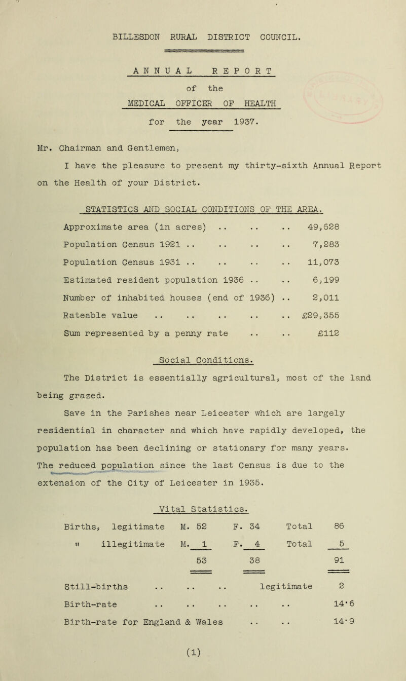BILLESDON RURAL DISTRICT COUNCIL. ANNUAL REPORT of the MEDICAL OFFICER OF HEALTH for the year 1937. Mr. Chairman and Gentlemens I have the pleasure to present my thirty-sixth Annual Report on the Health of your District. STATISTICS AI'TD SOCIAL CONDITIONS OF THE AREA. Approximate area (in acres) .. .. .. 49,628 Population Census 1921 .. .. .. .. 7,283 Population Census 1931 .. .. .. .. 11,073 Estimated resident population 1936 .. .. 6,199 Numher of inhahited houses (end of 1936) .. 2,011 Rateahle value .. .. .. .. .. £29,355 Sum represented hy a penny rate .. .. £112 Social Conditions. The District is essentially agricultural, most of the land being grazed. Save in the Parishes near Leicester which are largely residential in character and which have rapidly developed, the population has been declining or stationary for many years. The reduced population since the last Census is due to the extension of the City of Leicester in 1935. Vital Statistics. Births, legitimate M. 52 P. 34 Total 86 »i illegitimate M. 1 F. 4 Total 5 53 38 91 Still-births .. .. •. legitimate 2 Birth-rate .. .. .. .. •• 14*6 Birth-rate for England & Wales .• .. 14*9 (1)