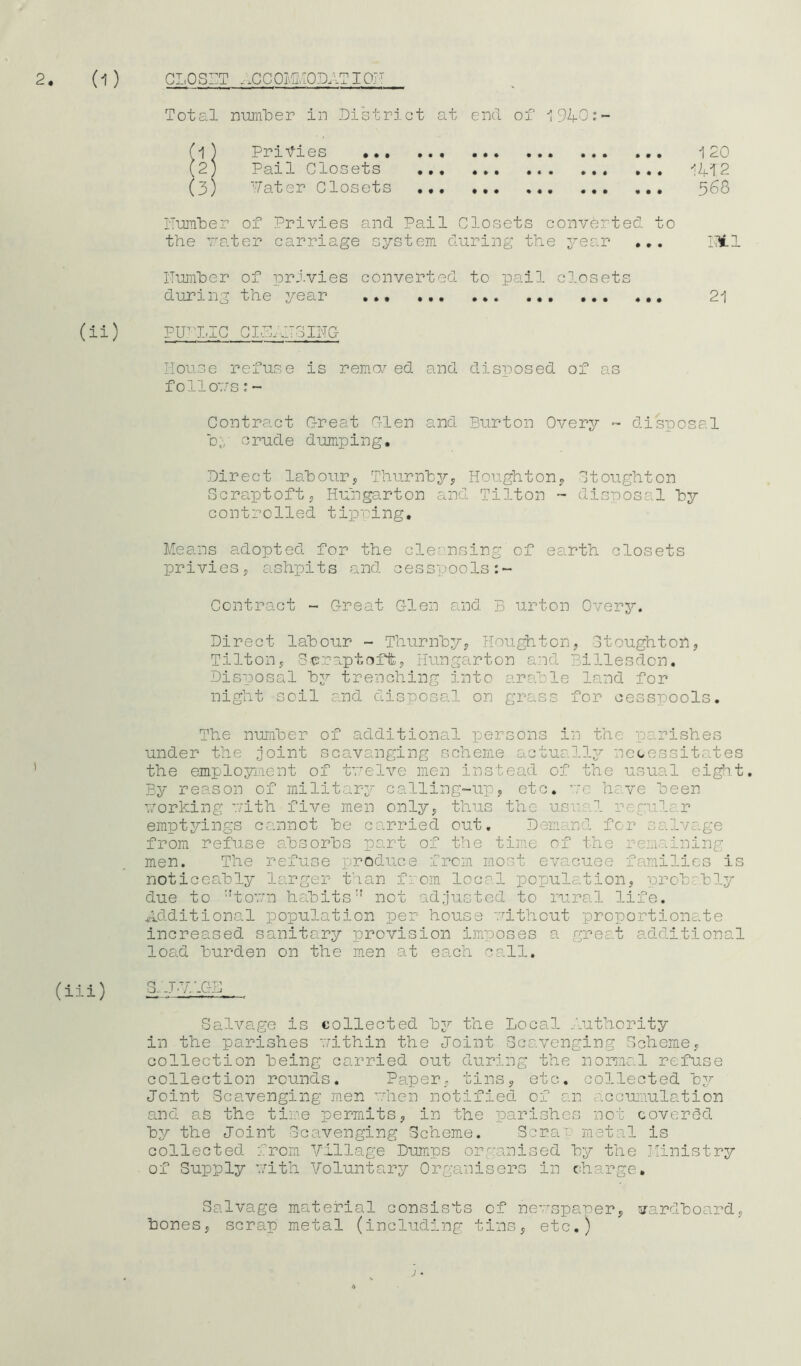 Total number in District at end of 1940:- (l ) Privies 120 (2; Pail Closets ... ... 14T2 (3) 'later Closets 568 Humber of Privies and. Pail Closets converted to the vater carriage system during the year ... I^Ll Number of privies converted to pail closets during the year 21 (ii) PITT.IC GITLATSING House refuse is remcy ed and disposed of as foil oars : - Contract Great Glen and Burton Overy - disposal b; crude dumping. Direct labour. Thumby, Houghton, Stoughton Scraptoft, Huh garton and Tilton - disposal by controlled tipping* Means adopted for the cleansing of earth closets privies, ashpits and cesspools Contract - Great Glen and B urton Overy. Direct labour - Thurnby, Houghton, Stoughton, Tilton, Scraptoflfc, Hungarton and Billesdon. Disposal by trenching into arable land for night soil and disposal on grass for cesspools. The number of additional persons in the parishes under the joint scavanging scheme actually necessitates the employment of tuelve men instead of the usual eight. By reason of military calling-up, etc. ae have been working vith five men only, thus the usual regular emptyings cannot be carried out. Demand for salvage from refuse absorbs part of the time of the remaining men. The refuse produce from most evacuee families is noticeably larger than from local population, probably due to tov/n habits not adjusted to rural life. Additional population per house without proportionate increased sanitary provision imposes a great additional load burden on the men at each call. (iii) 8 T.-.r.G:-N Salvage is collected by the Local Authority in the parishes within the Joint Scavenging Scheme, collection being carried out during the normal refuse collection rounds. Paper, tins, etc. collected by Joint Scavenging men ’.Then notified of an accumulation and as the time permits, in the parishes not covered by the Joint Scavenging Scheme. Scrag metal is collected from Village Dumps organised by the Ministry of Supply Pith Voluntary Organisers in charge. Salvage material consists of newspaper, cardboard, bones, scrap metal (including tins, etc.)
