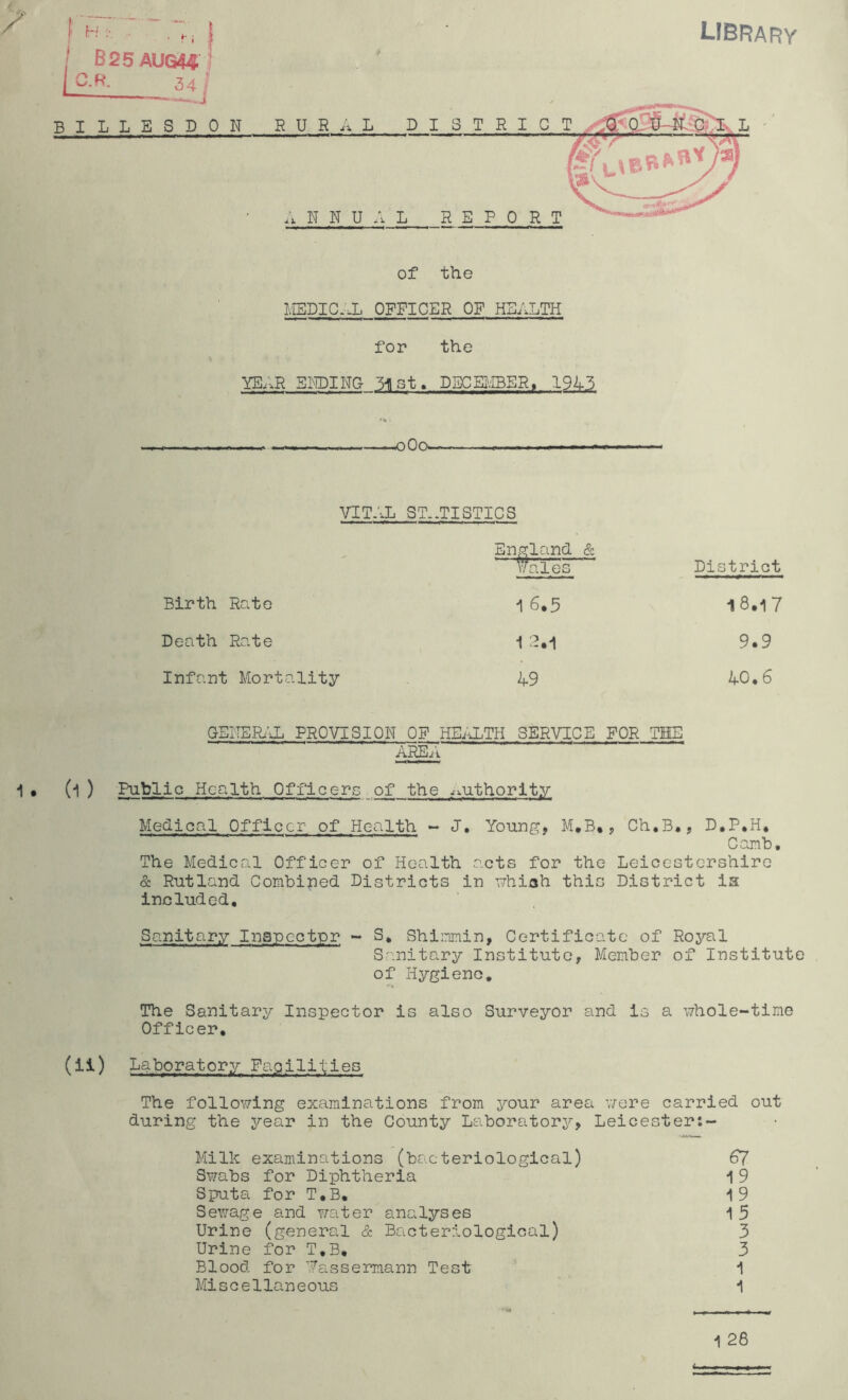 for the YE;,R B3MDING- M st. DECEMBER, 194-5 »<o 0 o. — * VITAL STATISTICS England & Wales District Birth Rate 1 6,3 18.17 Death Rate 1 2.1 9.9 Infant Mortality 49 4.0.6 G-ErTERAL PROVISION OF HEilLTH SERVICE FOR THE AREA (l ) Public Health Officers of the authority Medical Officer of Health - J. Young, M.B,, Ch.B., D.P.H. Comb. The Medical Officer of Health acts for the Leicestershire & Rutland Combined Districts in whiah this District is included. Sanitary Inspector - S, Shinmin, Certificate of Royal Sanitary Institute, Member of Institute of Hygiene. The Sanitary Inspector is also Surveyor and is a whole-time Officer, (ii) Laboratory Fagilities The following examinations from your area were carried out during the year in the County Laboratory, Leicester:- Milk examinations (bacteriological) 67 Swabs for Diphtheria 1 9 Sputa for T.B. 1 9 Sewage and Y/ater analyses 1 5 Urine (general & Bacteriological) 3 Urine for T.B, 3 Blood for Tassermann Test 1 Miscellaneous 1