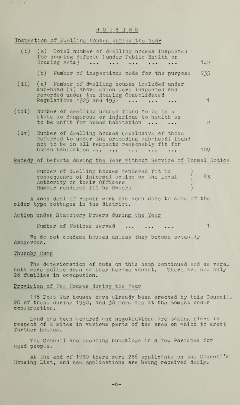 H 0 U S I N G Inspection of Gwellinp, Houses during the Year (i) (a) Total number of dv'elling houses inspected for housing defects (under Public Health or Housing Acts) 142 (b) Number of inspections made for the purpose 235 (ii) (a) Number of dwelling houses included under sub-head (i) above which were inspected and recorded under the Housing Consolidated Regulations 1925 and 1932 1 (iii) Number of dwelling houses found to be in a state so dangerous or injurious to health as to be unfit for human habitation 2 (iv) Number of dwelling houses (exclusive of those referred to under the preceding sub-head) found not to be in all respects reasonably fit for human habitation ... ... 109 Remedy of Defects during the Year ''Vithout Service of Formal Notice Number of dwelling houses rendered fit in ) consequence of informal action by the Local ) 83 Authority or their Officers ) Number rendered fit by Ovmers ) A good deal of repair work has been done to some of the older type cottages in the district. Action under Statutory Pov;ers during the Year Number of Notices served 1 'Ve do not condemn houses unless they become actually dangerous. Thurnby Camp The deterioration of huts on this camp continued and se veral huts were pulled dovm as they became vacant. There are now only 28 families in occupation. Provision of New Houses during the Year 118 Post ¥ar houses have already been erected by this Council, 20 of these during 1950, and 38 more are at the moment under cons truction. Land has been secured and negotiations are taking place in respect of 8 sites in various parts of the area on which to erect further houses. The Council are erecting bungalov«/s in a few Parishes for aged people. At the end of 1950 there were 256 applicants on the Council's Housing List, and new applications are being received daily. -6-