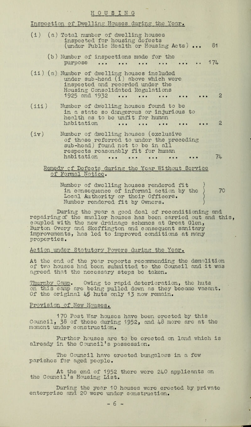 HOUSING InsTJGction of Dwelliii,Q: Houses durin,G: the Year, (i) (a) Total number of dwelling houses inspected for housing defects (under Public Health or Housing Acts) 81 (b) Number of inspections made for the purpose ••• •!« ••• ••• ••• •• 17A (ii) (a) Number of dv/elling houses included under sub-he ad (i) above which v\^ere inspected and recorded under the Housing Consolidated Regulations 1925 and 1932 ••• »»t ••• ••• 2 (iii) Nuraber of dv/elling houses fovind to be in a state so dangerous or injurious to health as to be unfit for himian habitation ••• ... 2 (iv) Number of dwelling houses (exclusive of those referred to under the preceding sub-head) found not to be in all respects reasonably fit for human h ab X t a t r on .«. ... ... ... ... ^ Remedy cf Defects during the Year V/ithout Service of Formal Notice. Number of dwelling houses rendered fit } in consequence of informal action by the ) 70 Local Authority or their Officers. ) Nuraber rendered fit by Owners. ) During the year a good deal of reconditioning and repairing of the sraaller houses has been carried out and this, coupled with the nev/ drainage schemes at Great Glen, Burton Overy and Skeffington and consequent sanitary improvements, has led to improved conditions at many properties • Action under Statutory Powers durinrr the Year. At the end of the year reports recommending the demolition of two houses had been submitted to the Council and it was agreed that the necessary steps be taken. Thurnby Ganp. Ov/ing to rapid deterioration, the huts on this canp are being pulled dovm as they become vacant. Of the original IS huts only 13 nov/ remain. Provision of Nev; Houses. 170 Post War houses have been erected by this Council, 38 of these during 1952, and 48 more are at the moment under construction. Further houses are to be erected on land v/hich is already in the Council’s possession. The Council have erected bungalows in a few parishes for aged people. At the end of 1952 there were 240 applicants on the Council’s Housing List. During the year 10 houses were erected by private enterprise jmd 20 were under construction.