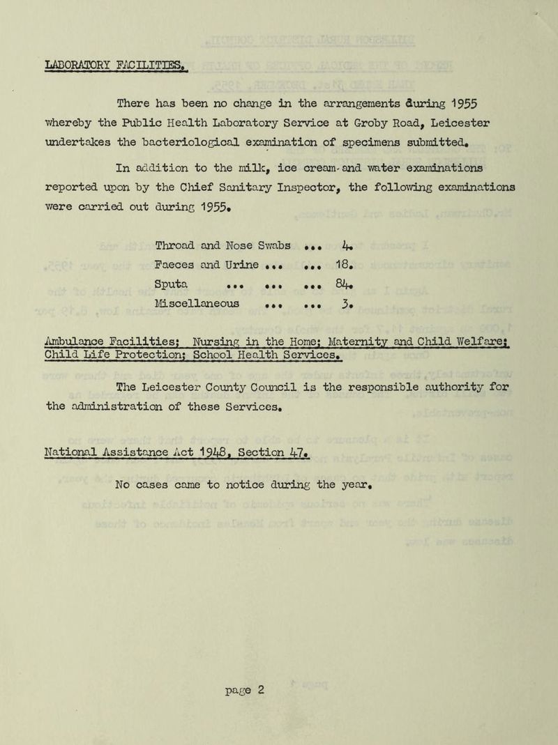 LABORATORY EXILITIES, There has been no change in the arrangements during 1955 whereby the Public Health Laboratory Service at Groby Road, Leicester undertakes the bacteriological examination of specimens submitted. In addition to the milk, ice cream'and water examinations reported upon by the Chief Sanitary Inspector, the following examinations were carried out during 1955* Throad and Nose Swabs • ft • 4. Faeces and Urine ... • •• 18. Sputa ••• • • • 84. Miscellaneous ... • • • 3. Ambulance Facilities; Nursing in the Home; Maternity and Child Welfare;, Child Life Protection; School Health Services. The Leicester County Council is the responsible authority for the administration of these Services. National Assistance Act 1948* Section 47 • No cases came to notice during the year.