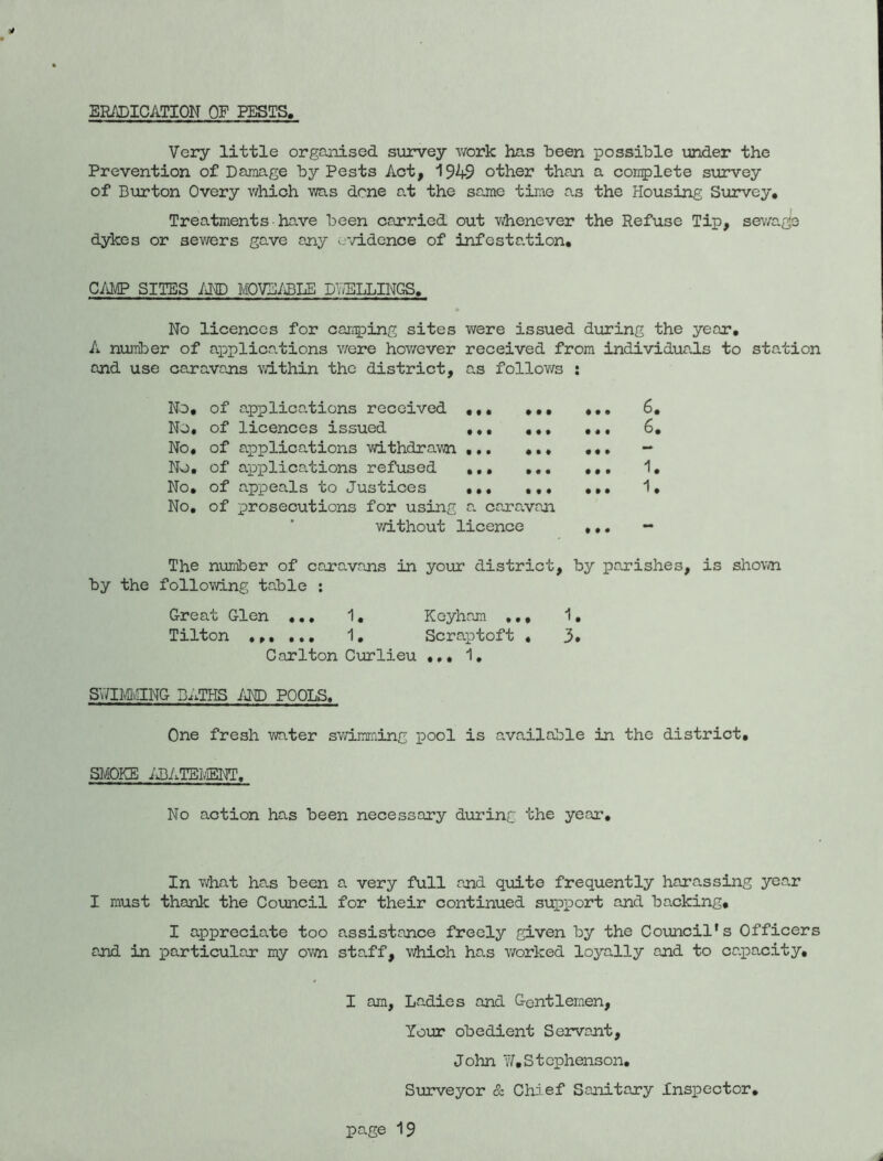 ERADICATION OF PESTS, Very little organised survey work has been possible under the Prevention of Damage by Pests Act, 1949 other than a complete survey of Burton Overy which was dene at the same time as the Housing Survey, Treatments have been carried out whenever the Refuse Tip, sewage dykes or sewers gave any evidence of infesta.tion, CAMP SITES AND MOVEABLE DWELLINGS, No licences for camping sites were issued during the year, A number of applications were however received from individuals to station and use caravans within the district, as follows : No, of applications received ,,. ,., No, of licences issued ,,, No, of applications withdrawn No, of applications refused ,,, ... No, of appeals to Justices ••• ,,, No, of prosecutions for using a caravan without licence The number of caravans in your district, by parishes, is shown by the following table : Great Glen ,,, 1, Keyham ,,, 1, Tilton ,,, ... 1, Scraptoft , 3* Carlton Curlieu ... 1. SWIMMING D.uTHS AND POOLS, 6, 6, 1. 1. One fresh water swimming pool is available in the district, SMOKE ABATEMENT, No action has been necessary during the year. In what has been a very full and quite frequently harassing year I must thank the Council for their continued support and backing, I appreciate too assistance freely given by the Council's Officers and in particular my own ste.ff, which has worked loyally and to capacity. I am, Ladies and Gentlemen, Your obedient Servant, John II,Stephenson, Surveyor & Chief Sanitary Inspector,