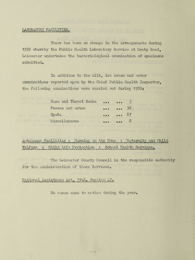 LABORATORY FACILITIES There has been no change in the arrangements during 1959 whereby the Public Health Laboratory Service at Groby Road, Leicester undertakes the bacteriological examination of specimens• submitted. In addition to the milk, ice cream and water examinations reported upon by the Chief Public Health Inspector, the following examinations were carried out during 1959; Nose and Throat Swabs Faeces and urine Sputa Miscellaneous ... 3 ... 38; ... 87 ... 2 Ambulance Facilities : Nursing in the Home : Maternity and Child Welfare : Child Life Protection School Health Services, The Leicester County Council is the responsible authority for the administration of these Services. National Assistance Act, 1948. Section No cases came to notice during the year,