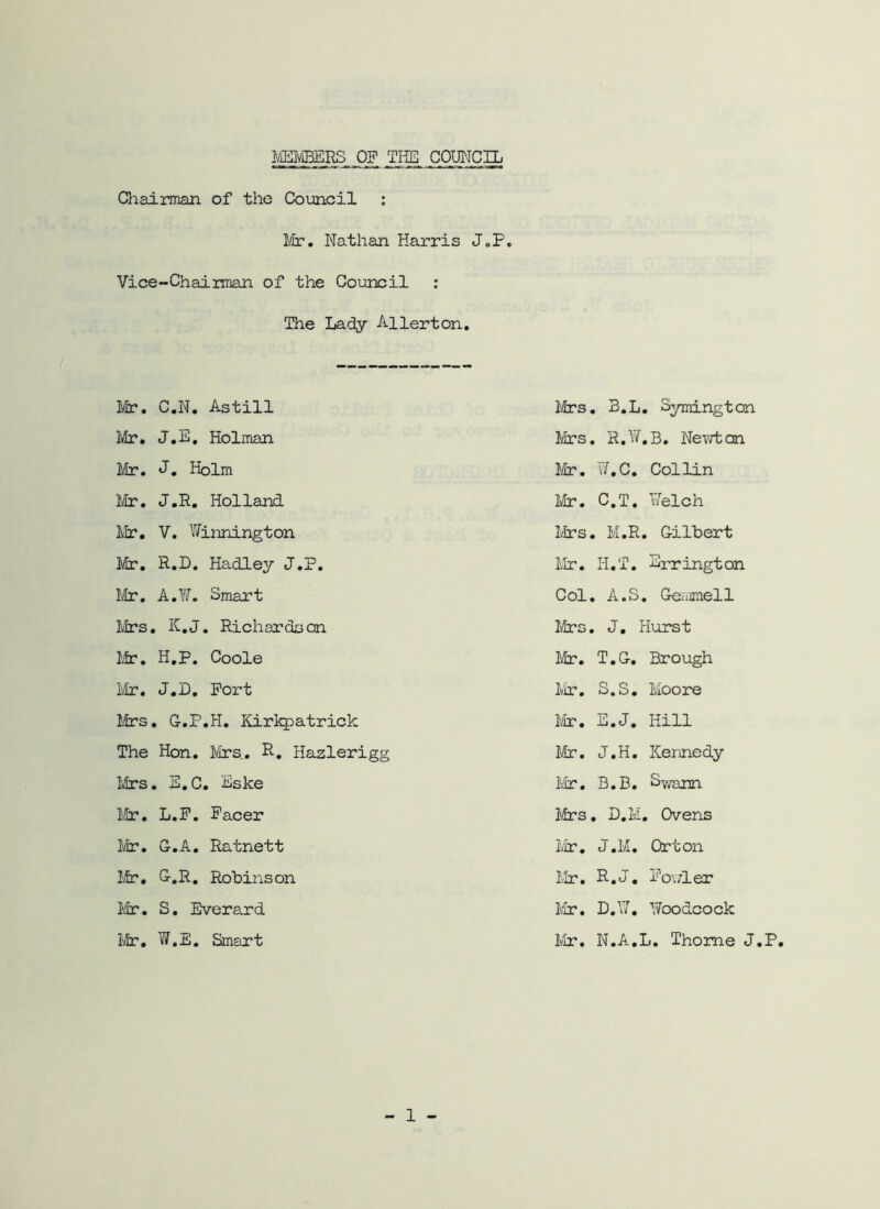 I/iEIvIBERS OF TliE COUNCIL Chairman of the Council : hie, Nathan Harris JoP. Vice-Chaiiman of the Council : The Lady Allerton, IvJr. C.N. Astill Mrs, B.L, Symington Mr, J.E, Holman Mrs, R,Y/,B. Ne\vtan Mr, J, Holm Mr. Y/,C, Collin Mir, J,R, Holland Me, C.T. Nelch Mr, V. YiTiiinington Itrs, M.R. Gilbert Mr, R,D. Hadley J,P, Mr, H.T. Errington Mr, A,11, Smart Col. A.S, Geriirael 1 Mrs, K,J. Richardscn Mrs, J, Hurst Me, H,P. Code Me, T,G, Brough i'/Lr, J,D, Port Mr, S.S, Moore Mrs, G-.P,H. Kirkpatrick I'/LT, E,J, Hill The Hon, kirs., R, Hazlerigg lirs, E.C, Eske Mr, J.H. Kennedy Mir, B,B, Sv/am l\tr, L.F. Pacer Mrs, D,M, Ovens hie, G,A, Ratnett Mr, J,M, Orton Me, G.R, Robinson l,Ir, R,J, Povder Mr, S, Everard liir, D,Yir, ’Woodcock Me, W.E, Smart Mr, N,A,L, Thome J,P.