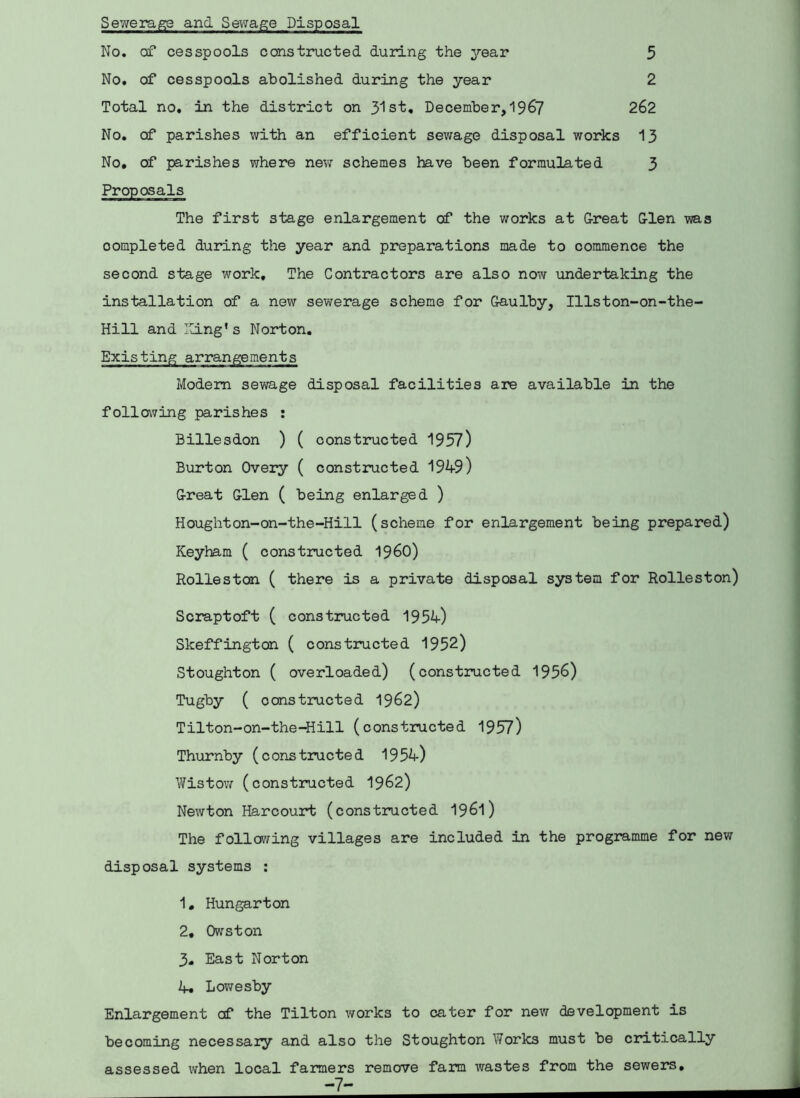 Sewerage and Sewage Disposal No, of cesspools constructed during the year 5 No. of cesspools abolished during the year 2 Total no, in the district on 3Ist, December, 1967 262 No. of parishes with an efficient sewage disposal works 13 No, of parishes where new schemes have been formulated 3 Proposals The first stage enlargement of the works at Great Glen was completed during the year and preparations made to commence the second stage work. The Contractors are also now undertaking the installation of a new sewerage scheme for Gaulby, Illston-on-the- Hill and ling's Norton. Existing arrangements Modem sewage disposal facilities are available in the follaving parishes : Billesdon ) ( constructed 1957) Burton Overy ( constructed 1949) Great Glen ( being enlarged ) Noughton-on-the-Hill (scheme for enlargement being prepared) Keyham ( constructed 196O) Rolleston ( there is a private disposal system for Rolleston) Scraptoft ( constructed 1954) Skeffington ( constructed 1952) Stoughton ( overloaded) (constructed 1956) Tugby ( constructed I962) Tilton-on-the-Hill (constructed 1957) Thurnby (constructed 1954) Wistov/ (constructed I962) Newton Harcourt (constructed I961) The follov/ing villages are included in the programme for new disposal systems ; 1, Hungarton 2, Owston 3, East Norton 4, Lowesby Enlargement of the Tilton works to cater for new development is becoming necessary and also the Stoughton Works must be critically assessed when local farmers remove farm wastes from the sewers.