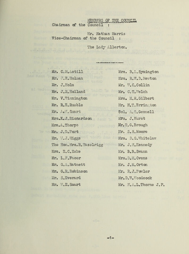 MEMBERS OF THE COUNCIL Chairman ctf the Council : Mr, Nathan Harris Vice-Chairman of the Council : The Lady Allerton. Mr. C.N.Astill Mr. J.E.Holman Mr. J.Holm Mr. J.R.Holland Mr. V.Winnington Mr. R.E.Rumble Mr. AfW. Smart Mrs.K. J. Ricnardson Mrs. A.Thorpo Mr. J.D.Eort Mr. T7.J. Higgs The Hon.Mrs.R.Hazelrigg Mrs. E.C.Eske Mr, L.E.Facer Mr. G.A.Ratnett Mr. G. R. Rob ins on Mr. S.Everard Mr. W.E.Smart Mrs. B.L. Symington Mrs. R.W.B. Newt on Mr. W.C.Collin Mr. C.T.Welch Mrs. M.R.Gilbert Mr, H.T.Errington Col. A.S.Gemnell Mrs. J.Hurst Mr. T.G. Brough .Mr. S.S.Moore Mrs. D.G.Whitelaw Mr. J.H.Kennedy Mr. B.B.Swann Mrs.D.M.Ovens Mr. J.M. Orton Mr. R. J.Fowler Mr.D.W, Woodcock Mr. N.A. L. Thorne J. P, ■1
