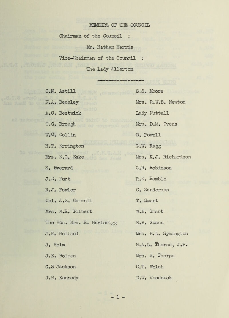 MEnVBERa OP TliE COUNCIL Chairman of the Council : Mr. Nathaji Harris Vice-Chairman of the Council : The Lady Allerton C.N. Astill S.S. Moore N.A. Beesley l-Hrs, R.IT.B. Nevrton A.C. Bestvidck Lady Nuttall T.G, Brough I/irs. L.M, Ovens 17, C, Collin D, Powell H.T. Errington G.W. Ragg Mcs, E.C, Eske Mrs, K.J. Richardson S, Bverard G,R, Robinson J.D. Port R.S. Rumble R.J, Fowler C, Sanderson Col. A.S, Gemmell T, Smart l;lrs, M.R. Gilbert ’J.E, Smart The Hon. Mrs, R, Hazlerigg B.B. Svi/ann J.R. Holland Lirs. B.L. Symington J, Holm N.A.L. Thome, J,P. J.E, Holman Mrs. A, Thorpe G,a Jackson C.T. Yfelch J.K. Kennedy D,17, iToodcock