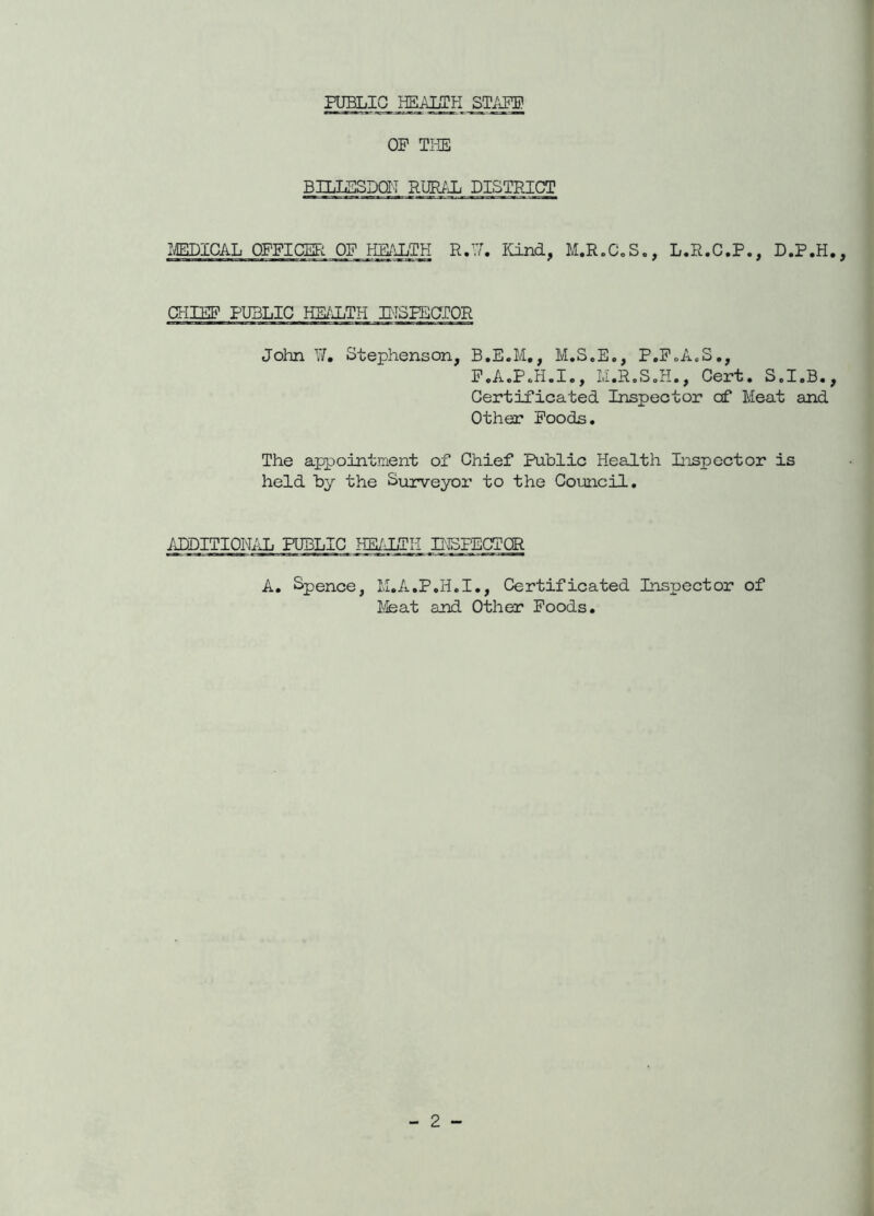 PUBLIC HEALTH STAHB) OP THE BILLSSDCTT RWIJj DISTRICT I/EDICAL OFFICEF^ OP HEALTH R.7. Ilind, M.R.C.S., L.R.C.P., D.P.H., gilEF PUBLIC HE/iLTH PISEBCTOR John W. Stephenson, B.E.M,, M.S.E., P.F.AcS., F.A.PcH.I., M.R.SoH,, Cert, S.I.B., Certificated Inspector cf Meat and Other Foods, The appointment of Chief Public Health Inspector is held by the Surveyor to the Council, ADDITIONilL PUBLIC HE/JiTH DEFECTOR A, Spence, M,A,P,H.I,, Certificated Inspector of Ms at and Other Poods,
