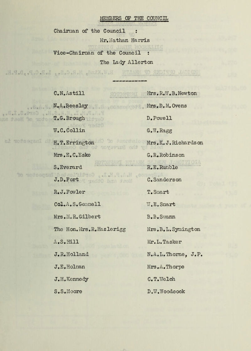 MEMBERS OF THE COUNCIL Chairman of the Council : Mr.Nathan Harris Vice-Chairman of the Council : The Lady Allerton C.N.Astill N.A.Beesley T.G.Brough W.C.Collin H.T.Errington Mrs.E.C.Eske S.Everard J.D.Fort R. J. Fowler Col.A, S. Gemmell Mrs. M. R. Gilbert The Hon.Mrs.R.Hazlerigg A.S.Hill J.R. Holland J.E. Holman J.H. Kennedy Mrs. R.W. B. Newt on Mrs.D.M, Ovens D.Powell G.W.Ragg Mrs.K.J.Richards on G.R. Robins on R.E.Rumble C. Sanderson T.Smart W.E. Smart B. B.Sv/ann Mrs. B. L. Symingt on Mr.L.Tasker N.A.L.Thorne, J.P. Mrs.A.Thorpe C. T.Welch S.S,Moore D.W.Woodcock