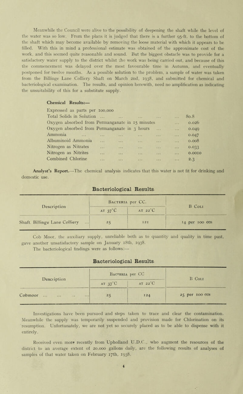 Meanwhile the Council were alive to the possibility of deepening the shaft while the level of the water was so low\ From the plans it is judged that there is a further 95-ft. to the bottom of the shaft which may become available by removing the loose material with which it appears to be filled. With this in mind a professional estimate was obtained of the approximate cost of the work, and this seemed quite reasonable and sound. But the biggest obstacle w'as to provide for a satisfacton, water supply to the district whilst ihe work was being carried out, and because of this the commencement was delayed over the most favourable time in Autumn, and eventually postponed for twelve months. As a possible solution to the problem, a sample of w'ater was taken from the Billinge Lane Colliery Shaft on March 2nd, 1938, and submitted for chemical and bacteriological examination. The results, and opinion herewith, need no amplification as indicating the unsuitability of this for a substitute supply. Chemical Results:— Expressed as parts per 100,000 Total Solids in Solution ... ... 80.8 Oxygen absorbed from Permanganate in 15 minutes 0.026 Oxygen absorbed from Permanganate in 3 hours 0.049 Ammonia 0.047 Albuminoid Ammonia 0.008 Nitrogen as Nitrates 0.033 Nitrogen as Nitrites 0.0010 Combined Chlorine 2.3 Analyst’s Report.—The chemical analysis indicates that this water is not fit for drinking and domestic use. Bacteriological Results Description Bacteria per CC. B COLI AT 37°C AT 22°C Shaft. Billinge Lane Colliery 25 I2I 14 per 100 CCS Cob Moor, the auxiliary supply, unreliable both as to quantity and quality in time past, gave another unsatisfactor)/ sample on January i8th, 1938. The bacteriological findings were as follows:— Bacteriological Results Description Bacteria per CC B CoLi AT 37°C AT 22°C Cobmoor 25 124 25 per 100 CCS Investigations have been pursued and steps taken to trace and clear the contamination. Meanwhile the supply was temporarily suspended and provision made for Chlorination on its resumption. Unfortunately, we are not yet so secure!}' placed as to be able to dispense with it entirely. Received even more recently from Upholland U.D.C., who augment the resources of the district to an average extent of 20,000 gallons daily, are the following results of analyses of samples of that water taken on February 17th, 1938.