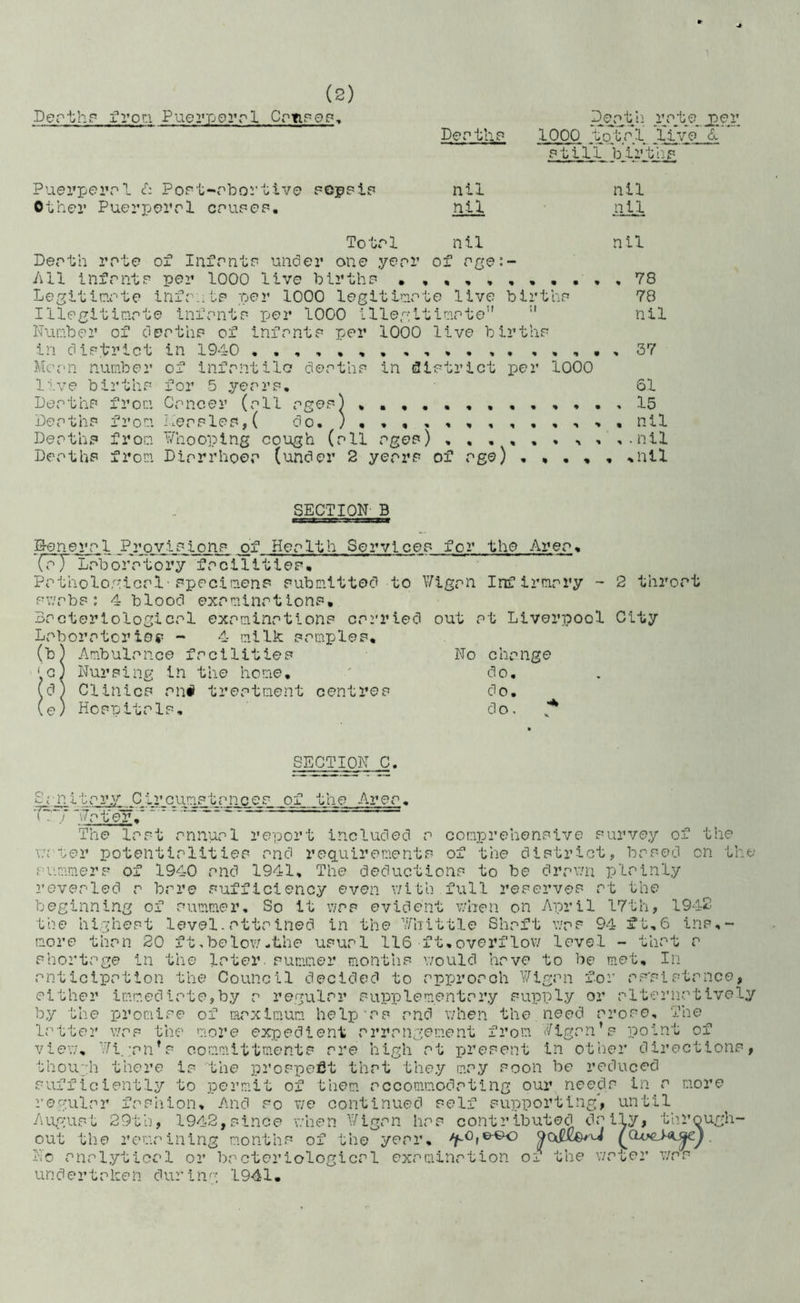 Perth.? frog Puerpgrrl Crtipo »*■' t Perth? 1000 jlcoTr^l live L *” ?till iDirth? Puerperrl cf: Port-rbortive ?ep?i? nil nil Other Puerperrl cru?e?. nil • nil Totrl nil nil Perth rrte of Infrnt? under one yerr of r/^e:- All infrnt? per 1000 live birth? • , • , , , • • • • , ?8 Legitlr.ii‘'te Infrnt? per 1000 legltiurte live birth? 78 IllegltlQrte Infrnt? per 1000 lllegitirnrte''  nil Number of derth? of Infrnt? per 1000 live birth? in dlefrict in 1940 ,,,.,37 Morn number of infrntilo derth? in i3l?trlct per 1000 Irve birth? for 5 yerr?, 51 Perth? from Crnoer (rll rge?) ,.,,,,,,,,,.,15 Perth? from her?le?,( do. nil Perth? from ‘'^hooping cough (rll rge?) ^ ,.nil Perth? from Pirrrhoer (under 2 yerr? of rge) , , . , , ,nll for the Arer, SECTION- B B-enerr 1 Provi?ion? of Her 1th Service? (FJ Lrborrtory frcilitle?. Prtholonicrl-rpecimen? eubmitted to Wlgrn Infirmrry - 2 thrort ?v'rb? ; 4 blood exrmlnrtion?. 3rcterlologicrl exrminrtlon? ori'vied out rt Liverpool City Lrborrtortof - 4 milk; ?rmple?, (b) Ambulrnce frcilitie? ‘cj Nurping in the home, id) Clinic? rn# trertment centre? (e) Hoppitrl?, No chrnge do, do, do, SECTION C. Srn itriu I . I CirGumptrnce? of the Arer. The lr?t rnnurl report Included ilrt'er. com.prehenpive Purvey of the v;; per potentirlitie? rnd requirement? of the dlptrict, breed on the rumm.er? of 1940 rnd 1941, The deduction? to be drrun plrinly reverled r brre Pufflclency even v/ith full re?erve? rt the beginning of rummer. So it v/r? evident v'hen on April 17th, 1942 the hlghert level,rttrined in the Tnittle Shrft \vr? 94 ft,6 in?,- Qore thrn 20 ft,belov/-the u?url 116 ft,overflov/ level - thrt r rhortrge in the Irter. ?um.mer month.? would hrve to be met. In rnticiprtion the Council decided to rpprorch ¥lgrn for r?'?i?trnce, either lmp.edirte,by r regulrr Pupplementrry pupply or rltern.rlively by the promire of mrximum. help r? rnd v/hen the need rrore. The letter v/r? the m.ore expedient rrrrngement from '/i/'igrn’? point of view, ¥i.:rn ? oommittm.ent? rre high t prerent in other direction?, thou;-h there I? ‘the prorpefit thrt they mry ?oon be reduced ruffleiently to perm.lt of them, rccom.m.odrtlng our need? in r m.ore regulrr frrh.ion. And ?o v/e continued ?elf rujpporting, until -Aug:u?t 29th, 1942,?ince when V/igrn hr? contributed yerr the remrining month? of out rTo c undertrken durin'-^ 1941. the ^0, ©-©o uted drily, thrqun urh- nrlytiorl or brcteriologicrl exrm.lnrtion o± the v/rter v/r?