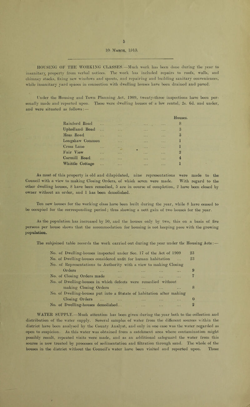 10 March, 1913. HOUSING OF THE WORKING GLASSES.—Much work lias been (lone during the j'ear to insanitary; projjertv froin verlml notices. The work has included rejiairs to roofs, walls, and chimney stacks, fixing new windows and spouts, and repairing and building sanitary conveniences, while insanitary yard spaces in connection with dwelling houses have lieen drained and paved. Under the Housing and To'Wn Planning Act, 1909, twenty-three inspections have been per- sonally made and reported upon. These were dwelling houses of' a low rental, 2s. 6d. and under, and were situated as follo-ws; — Houses. Rainford Road 8 Upholland Road 3 Moss Jload 3 Longshaw Common 1 Cross Lane 1 Fair View • 2 Carmill Road 4 Whittle Cottage 1 As most of this property is old and dilapidated. nine representations were made to the Council with a vieAv to making Closing Orders, of which seven Avere made. With regard to the other dwelling houses, 8 have been remedied, 5 are in course of completion. 2 have been closed by owner without an order, and 1 has been demolished. Ten new houses for the working class have been built during the year, while 8 have ceased to be ocoujjied for the corresponding period; thus showing a nett gain of two houses for the year. As the population has increased by 50, and the houses only by twO', this on a basis of five persons per house shows that the accommodation for housing is not keeping pace with the gi'owing population. The subjoined table records the Avork carried out during the year under the Housing Acts; — No. of Dwelling-houses inspected under Sec. 17 of the Act of 1909 23 No. of Dwelling-houses considered unfit for human habitation ... 23 No. of Rejaresentations to Authority with a view to making Closing Orders ... ... ... ... .... 9 No. of Closing Orders made ... ... ... ... 7 No. of Dwelling-houses in xvliich defects were remedied without making Closing Orders ... ... ... ... 8 No. of Dwelling-houses put into a fitstate of habitation after making Closing Orders ... ... ... ... ... 0 No. of DAvelling-houses demolished... ... ... ... 2 WATER SUPPLY.—Much attention has been given during the year both to the collection and distribution of the Avater supply. Several samples of water from the diffeient sources within the district have been analysed by the County Analyst, and only in one case was the Avater reg^arded as open to suspicion. As this water was obtained from a catclunent area Avhere contamination might possibly result, repeated visits were made, and as an additional safeguard the water from this source is now treated by irrocesses of sedimentation and filtration through sand. The whole of the houses in the district Avithout the Council’s water have been visited and reported upon. Those