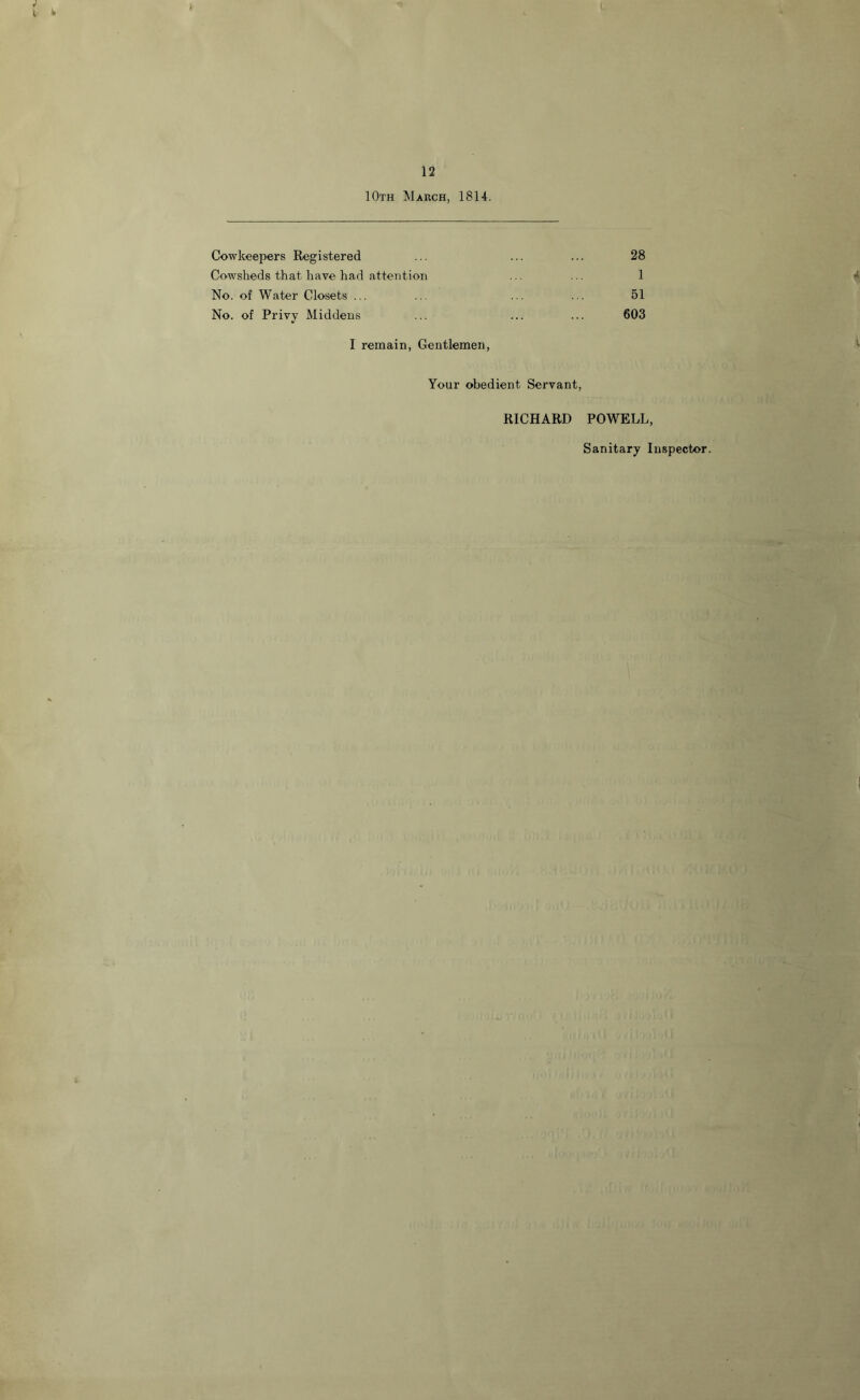 10th March, 1814. Cowkeepers Registered ... ... ... 28 Cowsheds that have had attention ... ... 1 No. of Water Closets ... ... ... ... 51 No. of Privy Middens ... ... ... 603 I remain, Gentlemen, Your obedient Servant, RICHARD POWELL, Sanitary Inspector.