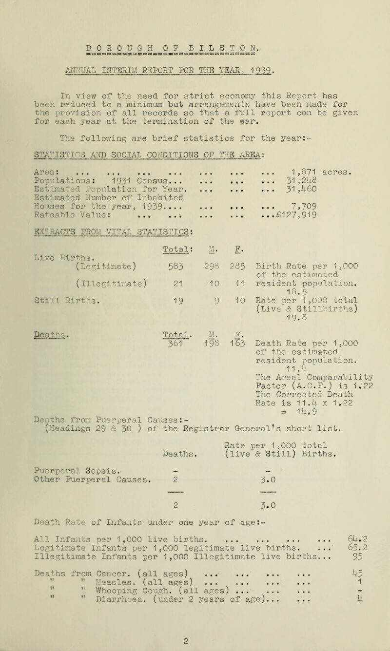 B -2JL2 ILG_2—? -- ANNUAL INTERIM REPORT FOR THE YEAR 0 1959. In view of the need for strict economy this Report has been reduced to a minimum but arrangements have been made for the provision of all records so that a full report can be given for each year at the termination of the war. The following are brief statistics for the year:- STATISTICS AND SOCIAL CONDITIONS OP THE AREA: Are a. . . « « . . ... . « . Populations: 1931 Census... Estimated Population for Year. Estimated Number of Inhabited Houses for the year, 1939-..• Rateable Value: ... ... EXTRACTS FROM VITAL STATISTICS: Live Births. Total: (Legitimate) 583 (Illegitimate) 21 Still Births. 19 Deaths. Total. 361 1,871 acres. • • • f • ... 31,248 • • • • • ... 31,460 • • • ♦ • 7,709 • • • • • ...£127,919 M. F. 298 285 Birth Rate per 1,000 of the estimated 10 11 resident population. 18.5 9 10 Rate per 1,000 total (Live & Stillbirths) 19.8 M. F. 198 153 Death Rate per 1,000 of the estimated resident population. 11.4 The Areal Comparability Factor (A.C.F.) is 1.22 The Corrected Death Rate is 11.4 x 1.22 = 14.9 Deaths from Puerperal Causes:-- (Headings 29 & 30 ) of the Registrar General’s short list. Rate per 1,000 total Deaths. (live & Still) Births. Puerperal Sepsis. Other Puerperal Causes. 2 3*0 2 3-0 Death Rate of Infants under one year of age:- All Infants per 1,000 live births 64.2 Legitimate Infants per 1,000 legitimate live births. ... 65.2 Illegitimate Infants per 1,000 Illegitimate live births... 95 Deaths from Cancer, (all ages) ... 45  Measles, (all ages) ... 1 Whooping Cough, (all ages)  Diarrhoea, (under 2 years of age) 4 2