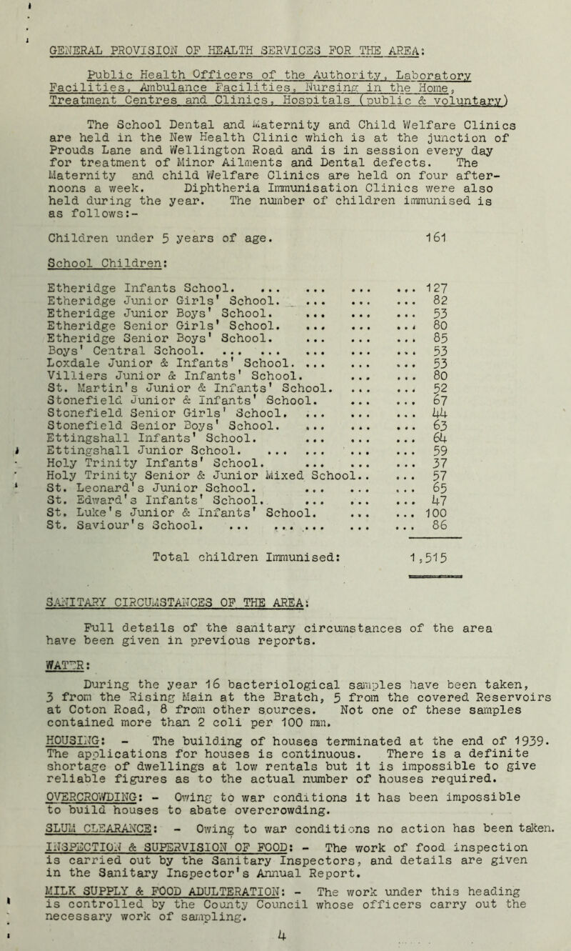 GENERAL PROVISIO!J OF HEALTH .SERVICES FOR TriE AREA: Public Health Officers of the Authority, Laboratory Facilities, Ambulance Facilities, Niirsin/? in the Home, Treatment Centres and Clinics, Hospitals (public & voluntary) The School Dental and ivlaternity and Child Vi/elf are Clinics are held in the New Health Clinic which is at the junction of Prouds Lane and Wellington Road and is in session every day for treatment of Minor Ailments and Dental defects. The Maternity and child Vi^elfare Clinics are held on four after- noons a week. Diphtheria Immunisation Clinics were also held during the year. The number of children immunised is as follows:- Children under 5 years of age. 161 School Children: Etheridge Infants School 127 Etheridge Junior Girls' School. _ 82 Etheridge Junior Boys' School. 53 Etheridge Senior Girls' School 80 Etheridge Senior Boys' School. 85 Boys’ Central School 53 Loxdale Junior & Infants' School 53 Villiers Junior & Infants’ School. 80 St. Martin’s Junior & Infants’ School 52 Stonefield Junior & Infants’ School. 67 Stonefield Senior Girls' School, Stonefield Senior Boys’ School ... 63 Ettingshall Infants’ School. 64 Ettingshall Junior School ^ 59 Holy Trinity Infants' School. 37 Holy Trinity Senior & Junior Mixed School 57 St. Leonard’s Junior School. 65 St. Edward’s Infants’ School,. 47 St, Luke’s Junior & Infants' School. 100 St. Saviour’s School 86 Total children Immunised: I5515 S.^NITARY CIRCUMSTANCES OF THE AREA: Pull details of the sanitary circumstances of the area have been given in previous reports. WATERI During the year I6 bacteriological samples have been taken, 3 from the Rising Main at the Bratch, 5 from the covered Reservoirs at Coton Road, 8 from other sources. Not one of these saraples contained more than 2 coli per 100 mm. HOUSING: - The building of houses terminated at the end of 1939‘ The applications for houses is continuous. There is a definite shortage of dwellings at lov/ rentals but it is impossible to give reliable figures as to the actual number of houses required. OVERCROWDING; - Owing to war conditions it has been impossible to build houses to abate overcrowding. SLUM CLEARAl^^CE; - Owing to war conditions no action has been taken. INSPECTION & SUPERVISION OF FOOD; - The work of food inspection is carried out by the Sanitary Inspectors, and details are given in the Sanitary Inspector's Annual Report, MILK SUPPLY & FOOD ADULTERATION: - The work under this heading is controlled by the County Council whose officers carry out the necessary work of sarapling.
