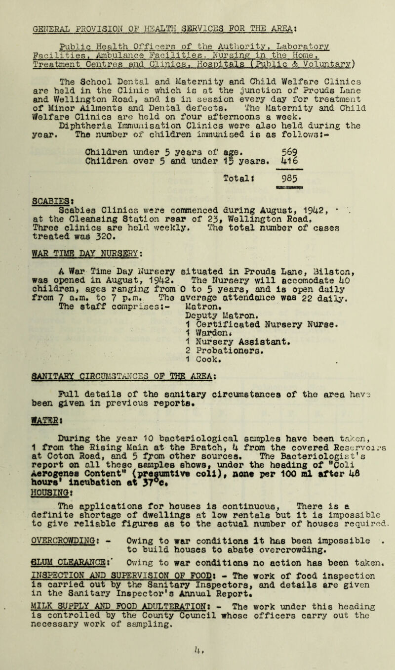 GENERAL PROVISION OF HEALTH SERVICES FOR THE AREA: Public Health Officers of the Authority, Laboratory Facilities« Ambulance Facilities., Nursing in the Home, Treatment Centres and Clinics., Kospitals rPublic & Voluntary) The School Dental and Maternity and Child Welfare Clinics are held in the Clinic which is at the junction of Prouds Lane and Wellington Road, and is in session every day for treatment of Minor Ailments and Dental defects. The Maternity and Child Welfare Clinics are held on four afternoons a week. Diphtheria Immuiiisation Clinics were also held during the year. The number of children immunised is as follows:- Children under 5 years of age. 569 Children over 5 and under 15 years* Ul6 Total: 985 SCABIES: Scabies Clinics were commenced during August, 19U2, * . at the Cleansing Station rear of 23» V/ellington Road, Three clinics are held weekly. The total number of cases treated was 320, WAR TIME DAY NURSERY: A War Time Day Nursery situated in Prouds Dane, Bilston, was opened in August, 1942. The Nursery will accomodate 40 children, ages ranging from'O to 5 years, and is open daily from 7 a*m, to 7 p.m. The average attendance was 22 daily. The staff comprises:- Matron* Deputy Matron. 1 Certificated Nursery Nurse. 1 Warden* 1 Nursery Assistant, 2 Probationers. 1 Cook, SANITARY CIRCmiSTANCES OP THE AREA; Pull details of tho sanitary circumstances of the area have been given in previous reports. WATER: During the year 10 bacteriological samples have been taken, 1 from the Rising Main at the Bratch, 4 from the covered Reservoirs at Coton Road, and 5 from other sources. The Bacteriologist’s report on all these samples shows, under the heading of ”Coli Aerogenes Content’* (presumtive coli), none per 100 ml after 48 hours' incubation at 37®c, HOUSING: The applications for houses is continuous, There is e definite shortage of dwellings at low rentals but it is impossible to give reliable figures as to the actual number of houses required. OVERCROWDING: - Owing to war conditions it has been Impossible . to build houses to abate overcrowding. SLUM CLEARANCE:* Owing to war conditions no action has been taken. INSPECTION AND SUPERVISION OF POOD: - The work of food inspection is carried out by the Sanitary Inspectors, and details are given in the Sanitary Inspector's Annual Report. MILK SUPPLY AND FOOD ADULTERATION; - The work under this heading is controlled by the County Council whose officers carry out the necessary work of sampling.