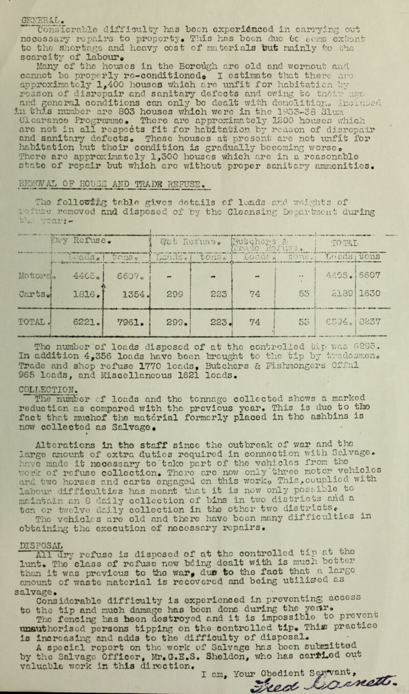 Cons'ierable dirfioulty has been experidneod in canryinc out nocGSsany repairs to property. This has boon duo Oc c-oriG extent to the shortage and heavy cost of materials tout mainly to tho scarcity of laboiu?e Many of the houses in the Borough arc old and wornout and cannot bo properly rc-conditioncd© I estimate that there ai’o approximately 1,400 houses which are unfit for habitaticn by reason of disrepair and sanitary defects and ov/ing to the:.'? age. and general conditions can onl^r be dealt with deuolitior.o .incLU'jed ill this number are 803 houses which were in the 1933-38 Bluie Olcaranoo Programme. There are approximately 1200 hOLiscr: which are not in all respects fit for habitation by’- reason of disrepair and aanitar;^’' defects© These houses at present are not iinflt for habitation but their condition is gradually becoming worse© There are approximately 1,300 houses which are in a reasonable state of repair but which are v/ithout proper sanitary ammenities. REMOV/lL of HObdii: and TR/iDB refuse. The followi7vg table gives details of lands and weights of 10fuse removed and disposed of by the Cleansing Lepartmeiit during -,-carj- p.vy Refuse. I r/Gt Roi'uaoo Tliutchoivii g- | T0T4L . J ^ toner' i-lbc'ldv C Fonsir .C’JO.d.'l i > cds tons Motors Carts© :j 44CC 0 1816.' f ' : 6607« 1 1354. r“ - 299 223 74 1 53 4405. 2139 6607 1630 TOTAL. 6221. 7961. 299. 223. 74 ' r* r- 5o C3.94. 0237 The number of loads disposed of at the controlled hi]:’ was 689o. In addition 4,356 loads have been brought to the tip by t:rados:'xeno Trade and shop refuse 1770 loads. Butchers & Fishmongers Offal 965 loads, and Miscellaneous 1621 loads* COLLECTION. The number of loads and the tonnage collected shows a marked reduction as compared with the previous year. This is duetto the fact that muchof the material formerly placed in the ashbins is now collected as Salvage* f Alterations in tho staff since the outbreak of war^and the large amount of extra duties required in connection with Salvage* have made it necessary to’take part of tho vehicles from the work of refiiSG collection. There are novi/ only three mot or ^vehicles and tvjo horses and carts engaged on this work^ This.couplied with laboui':’ difficulties has meant that it is now only possible to maintain an 8 daily collection of bins in two districts and a ten or towelVG daily collection in the other two dlstricttS©^ The vehicles are old and there have been many difficulties in obtaining the execution of necessary repairs. DISPQS/tL , ,, All dry refuse is disposed of at the controlled tip at the lunt* TliC class of refuse now being doalt with is much better than it was previous to tho war> duo to the fact that a largo amount of v/asto material is recovered and being utilis’od as salvage. • . Considerable difficulty is experienced in preventing acceso to the tip and much damage has boon done during the yerftr® The fencing has been destroyed and it is impossible to prevenc unauthorised persons tipping on tho controlled tip* Thiis practice is increasing and adds to tho difficulty of disposal© A special report on the work of Salvage has been submaittod by the Salvage Officer, Mr.G.E.S* Sheldon, v;ho has carl’l.od out valuable v;ork in this direction. , I am, Yoior Obedient s^*vant, _