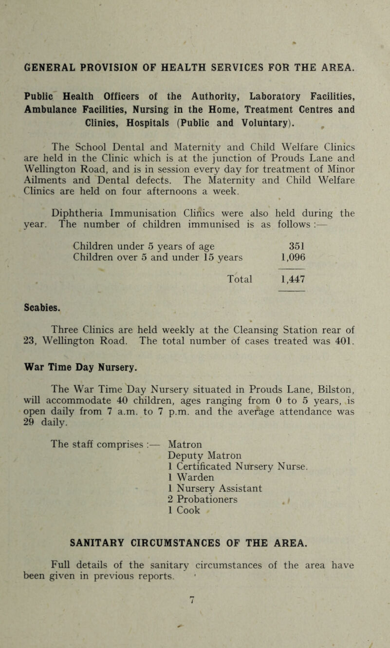 GENERAL PROVISION OF HEALTH SERVICES FOR THE AREA. Public Health Officers of the Authority, Laboratory Facilities, Ambulance Facilities, Nursing in the Home, Treatment Centres and Clinics, Hospitals (Public and Voluntary). ^ The School Dental and Maternity and Child Welfare Clinics are held in the Clinic which is at the junction of Prouds Lane and Wellington Road, and is in session every day for treatment of Minor Ailments and Dental defects. The Maternity and Child Welfare Clinics are held on four afternoons a week. Diphtheria Immunisation Clinics were also held during the year. The number of children immunised is as follows :— Children under 5 years of age 351 Children over 5 and under 15 years 1,096 Total 1,447 Scabies. Three Clinics are held weekly at the Cleansing Station rear of 23, Wellington Road. The total number of cases treated was 401. War Time Day Nursery. The War Time Day Nursery situated in Prouds Lane, Bilston, will accommodate 40 children, ages ranging from 0 to 5 years, is open daily from 7 a.m. to 7 p.m. and the average attendance was 29 daily. The staff comprises :— Matron Deputy Matron 1 Certificated Nursery Nurse. 1 Warden 1 Nursery Assistant 2 Probationers , 1 Cook SANITARY CIRCUMSTANCES OF THE AREA. Full details of the sanitary circumstances of the area have been given in previous reports.