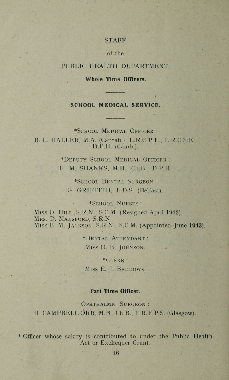 of the PUBLIC HEALTH DEPARTMENT. Whole Time Officers. I SCHOOL MEDICAL SERVICE. *ScHooL Medical Officer : B. C. HALLER, M.A. (Cantab.), L.R.C.P.E., L.R.C.S.E., D.P.H. (Camb.). *Deputy School Medical Officer : H. M. SHANKS, M.B., Ch.B., D.P.H. *ScHOOL Dental Surgeon : G. GRIFFITH, L.D.S. (Belfast). *ScH00L Nurses : Miss O. Hill, S.R.N., SX.M. (Resigned April 1943). Mrs. D. Mansford, S.R.N. Miss B. M. Jackson, S.R.N., S.C.M. (Appointed June 1943). *Dental Attendant : Miss D. B. Johnson. *Clerk; Miss E. J. Beddows. Part Time Officer. Ophthalmic Surgeon : H. CAMPBELL ORR, M.B., Ch.B., F.R.F.P.S. (Glasgow). * Officer whose salary is contributed to under the Public Health Act or Exchequer Grant. lb