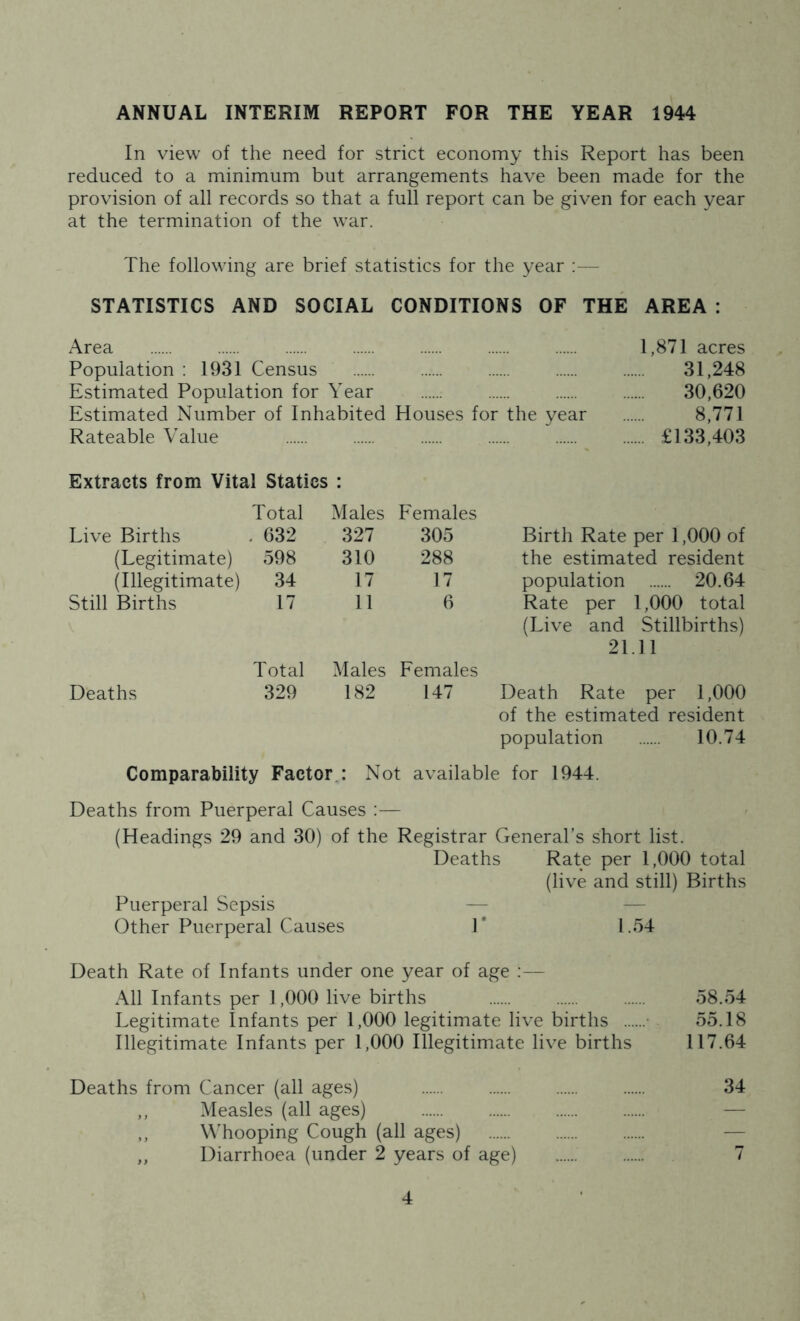 ANNUAL INTERIM REPORT FOR THE YEAR 1944 In view of the need for strict economy this Report has been reduced to a minimum but arrangements have been made for the provision of all records so that a full report can be given for each year at the termination of the war. The following are brief statistics for the year ;— STATISTICS AND SOCIAL CONDITIONS OF THE AREA : Area 1,871 acres Population : 1931 Census 31,248 Estimated Population for Year 30,620 Estimated Number of Inhabited Houses for the year 8,771 Rateable Value .... £133,403 Extracts from Vital Statics : Total Males Females Live Births . 632 327 305 Birth Rate per 1,000 of (Legitimate) 598 310 288 the estimated resident (Illegitimate) 34 17 17 population 20.64 Still Births 17 11 6 Rate per 1,000 total (Live and Stillbirths) 21 .11 Total Males Females Deaths 329 182 147 Death Rate per 1,000 of the estimated resident population 10.74 Comparability Factor.: Not available for 1944. Deaths from Puerperal Causes :— (Headings 29 and 30) of the Registrar General’s short list. Deaths Rate per 1,000 total (live and still) Births Puerperal Sepsis — — Other Puerperal Causes T 1.54 Death Rate of Infants under one year of age :— All Infants per 1,000 live births 58.54 Legitimate Infants per 1,000 legitimate live births • 55.18 Illegitimate Infants per 1,000 Illegitimate live births 117.64 Deaths from Cancer (all ages) 34 ,, Measles (all ages) — ,, WTooping Cough (all ages) — ,, Diarrhoea (under 2 years of age) 7