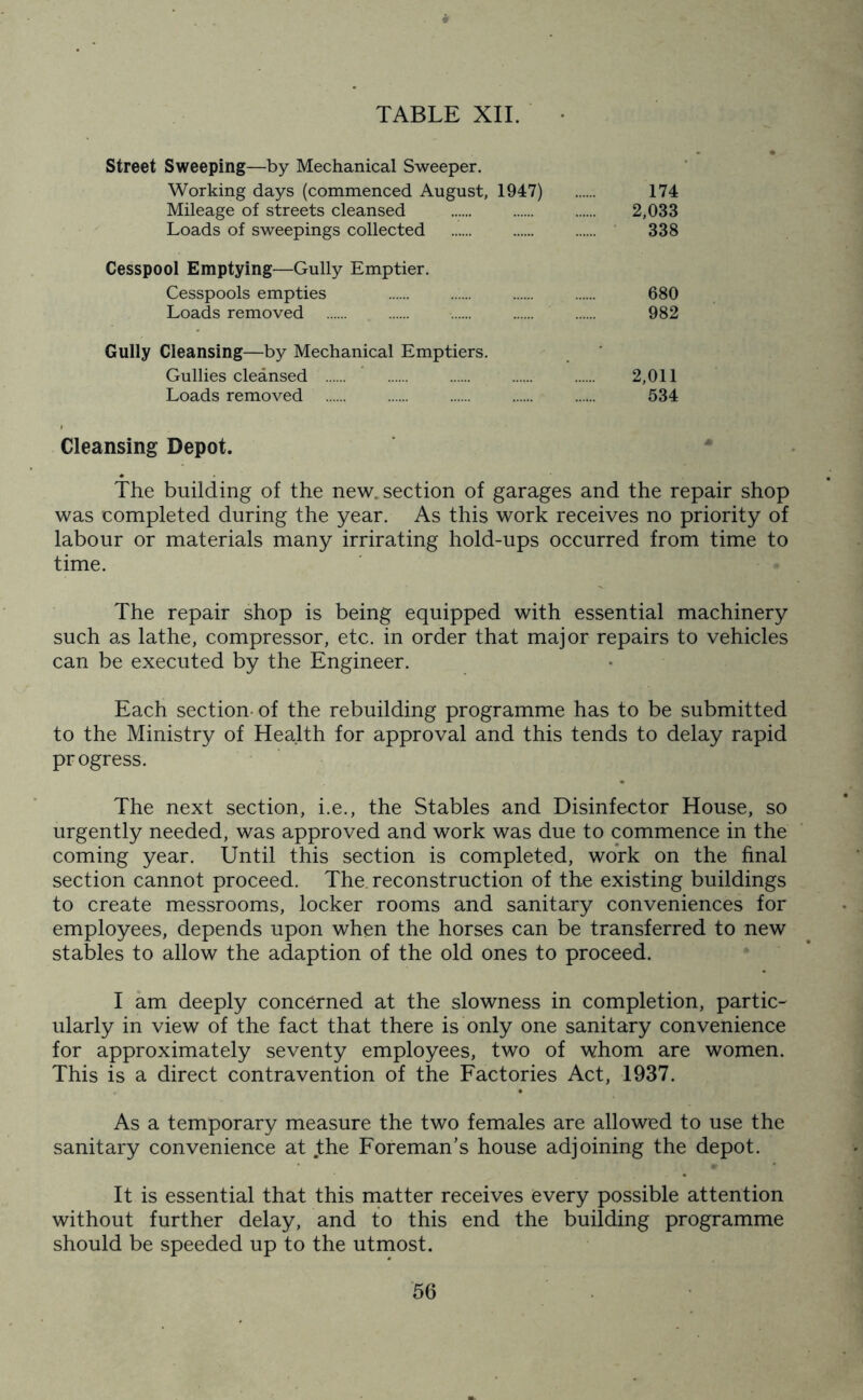 Street Sweeping—by Mechanical Sweeper. Working days (commenced August, 1947) ...... 174 Mileage of streets cleansed ...... 2,033 Loads of sweepings collected 338 Cesspool Emptying—Gully Emptier. Cesspools empties 680 Loads removed ...... 982 Gully Cleansing—by Mechanical Emptiers. Gullies cleansed 2,011 Loads removed ~ 534 Cleansing Depot. The building of the new. section of garages and the repair shop was completed during the year. As this work receives no priority of labour or materials many irrirating hold-ups occurred from time to time. The repair shop is being equipped with essential machinery such as lathe, compressor, etc. in order that major repairs to vehicles can be executed by the Engineer. Each section- of the rebuilding programme has to be submitted to the Ministry of Health for approval and this tends to delay rapid progress. The next section, i.e., the Stables and Disinfector House, so urgently needed, was approved and work was due to commence in the coming year. Until this section is completed, work on the final section cannot proceed. The. reconstruction of the existing buildings to create messrooms, locker rooms and sanitary conveniences for employees, depends upon when the horses can be transferred to new stables to allow the adaption of the old ones to proceed. I am deeply concerned at the slowness in completion, partic- ularly in view of the fact that there is only one sanitary convenience for approximately seventy employees, two of whom are women. This is a direct contravention of the Factories Act, 1937. As a temporary measure the two females are allowed to use the sanitary convenience at the Foreman’s house adjoining the depot. It is essential that this matter receives every possible attention without further delay, and to this end the building programme should be speeded up to the utmost.