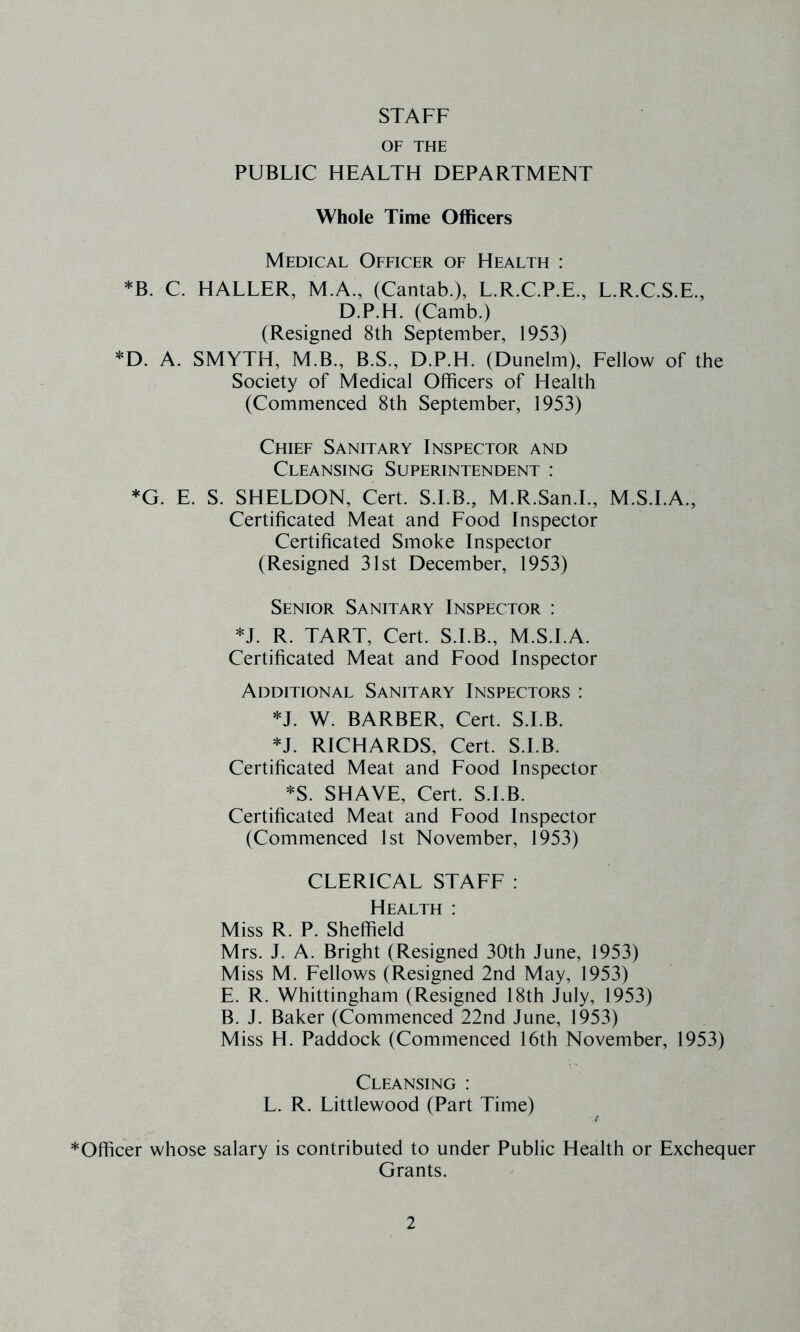 STAFF OF THE PUBLIC HEALTH DEPARTMENT Whole Time Officers Medical Ofeicer of Health : *B. C. HALLER, M.A., (Cantab.), L.R.C.P.E., L.R.C.S.E., D.P.H. (Camb.) (Resigned 8th September, 1953) *D. A. SMYTH, M.B., B.S., D.P.H. (Dunelm), Fellow of the Society of Medical Officers of Health (Commenced 8th September, 1953) Chief Sanitary Inspector and Cleansing Superintendent : *G. E. S. SHELDON, Cert. S.I.B., M.R.San.L, M.S.I.A., Certificated Meat and Food Inspector Certificated Smoke Inspector (Resigned 31st December, 1953) Senior Sanitary Inspector : *J. R. TART, Cert. S.I.B., M.S.I.A. Certificated Meat and Food Inspector Additional Sanitary Inspectors : *J. W. BARBER, Cert. S.I.B. *J. RICHARDS, Cert. S.I.B. Certificated Meat and Food Inspector *S. SHAVE, Cert. S.I.B. Certificated Meat and Food Inspector (Commenced 1st November, 1953) CLERICAL STAFF : Health : Miss R. P. Sheffield Mrs. J. A. Bright (Resigned 30th June, 1953) Miss M. Fellows (Resigned 2nd May, 1953) E. R. Whittingham (Resigned 18th July, 1953) B. J. Baker (Commenced 22nd June, 1953) Miss H. Paddock (Commenced 16th November, 1953) Cleansing : L. R. Littlewood (Part Time) *Officer whose salary is contributed to under Public Health or Exchequer Grants.