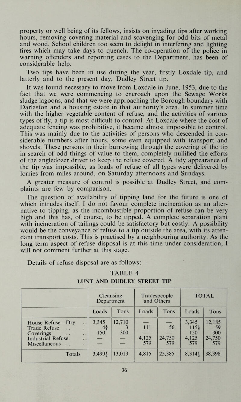 property or well being of its fellows, insists on inyading tips after working hours, removing covering material and scavenging for odd bits of metal and wood. School children too seem to delight in interfering and lighting fires which may take days to quench. The co-operation of the police in warning offenders and reporting cases to the Department, has been of considerable help. Two tips have been in use during the year, firstly Loxdale tip, and latterly and to the present day, Dudley Street tip. It was found necessary to move from Loxdale in June, 1953, due to the fact that we were commencing to encroach upon the Sewage Works sludge lagoons, and that we were approaching the Borough boundary with Darlaston and a housing estate in that authority’s area. In summer time with the higher vegetable content of refuse, and the activities of various types of fly, a tip is most difficult to control. At Loxdale where the cost of adequate fencing was prohibitive, it became almost impossible to control. This was mainly due to the activities of persons who descended in con- siderable numbers after hours, some even equipped with transport and shovels. These persons in their burrowing through the covering of the tip in search of odd things of value to them, completely nullified the efforts of the angledozer driver to keep the refuse covered. A tidy appearance of the tip was impossible, as loads of refuse of all types were delivered by lorries from miles around, on Saturday afternoons and Sundays. A greater measure of control is possible at Dudley Street, and com- plaints are few by comparison. The question of availability of tipping land for the future is one of which intrudes itself. I do not favour complete incineration as an alter- native to tipping, as the incombustible proportion of refuse can be very high and this has, of course, to be tipped. A complete separation plant with incineration of tailings could be satisfactory but costly. A possibility would be the conveyance of refuse to a tip outside the area, with its atten- dant transport costs. This is practised by a neighbouring authority. As the long term aspect of refuse disposal is at this time under consideration, I will not comment further at this stage. Details of refuse disposal are as follows:— TABLE 4 LUNT AND DUDLEY STREET TIP Cleansing Tradespeople TOTAL Department and Others Loads Tons Loads Tons Loads Tons House Refuse—Dry 3,345 12,710 — — 3,345 12,185 Trade Refuse 3 Ill 56 115^ 59 Coverings 150 300 — — 150 300 Industrial Refuse — — 4,125 24,750 4,125 24,750 Miscellaneous .. — — 579 579 579 579 Totals 3,499^ 13,013 4,815 25,385 8,314^ 38,398