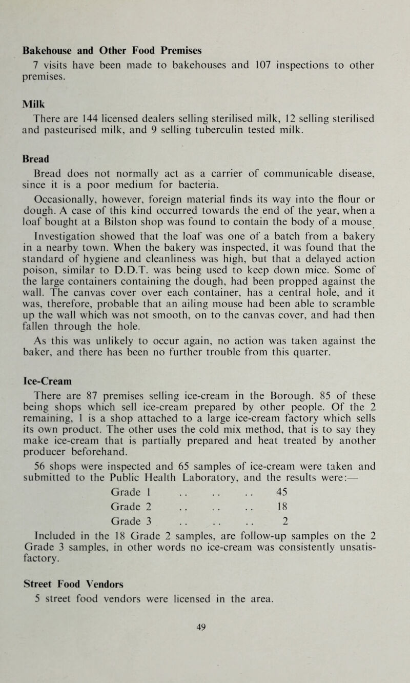 Bakehouse and Other Food Premises 7 visits have been made to bakehouses and 107 inspections to other premises. Milk There are 144 licensed dealers selling sterilised milk, 12 selling sterilised and pasteurised milk, and 9 selling tuberculin tested milk. Bread Bread does not normally act as a carrier of communicable disease, since it is a poor medium for bacteria. Occasionally, however, foreign material finds its way into the flour or dough. A case of this kind occurred towards the end of the year, when a loaf bought at a Bilston shop was found to contain the body of a mouse Investigation showed that the loaf was one of a batch from a bakery in a nearby town. When the bakery was inspected, it was found that the standard of hygiene and cleanliness was high, but that a delayed action poison, similar to D.D.T. was being used to keep down mice. Some of the large containers containing the dough, had been propped against the wall. The canvas cover over each container, has a central hole, and it was, therefore, probable that an ailing mouse had been able to scramble up the wall which was not smooth, on to the canvas cover, and had then fallen through the hole. As this was unlikely to occur again, no action was taken against the baker, and there has been no further trouble from this quarter. Ice-Cream There are 87 premises selling ice-cream in the Borough. 85 of these being shops which sell ice-cream prepared by other people. Of the 2 remaining, 1 is a shop attached to a large ice-cream factory which sells its own product. The other uses the cold mix method, that is to say they make ice-cream that is partially prepared and heat treated by another producer beforehand. 56 shops were inspected and 65 samples of ice-cream were taken and submitted to the Public Health Laboratory, and the results were:— Grade 1 Grade 2 Grade 3 45 18 2 Included in the 18 Grade 2 samples, are follow-up samples on the 2 Grade 3 samples, in other words no ice-cream was consistently unsatis- factory. Street Food Vendors 5 street food vendors were licensed in the area.