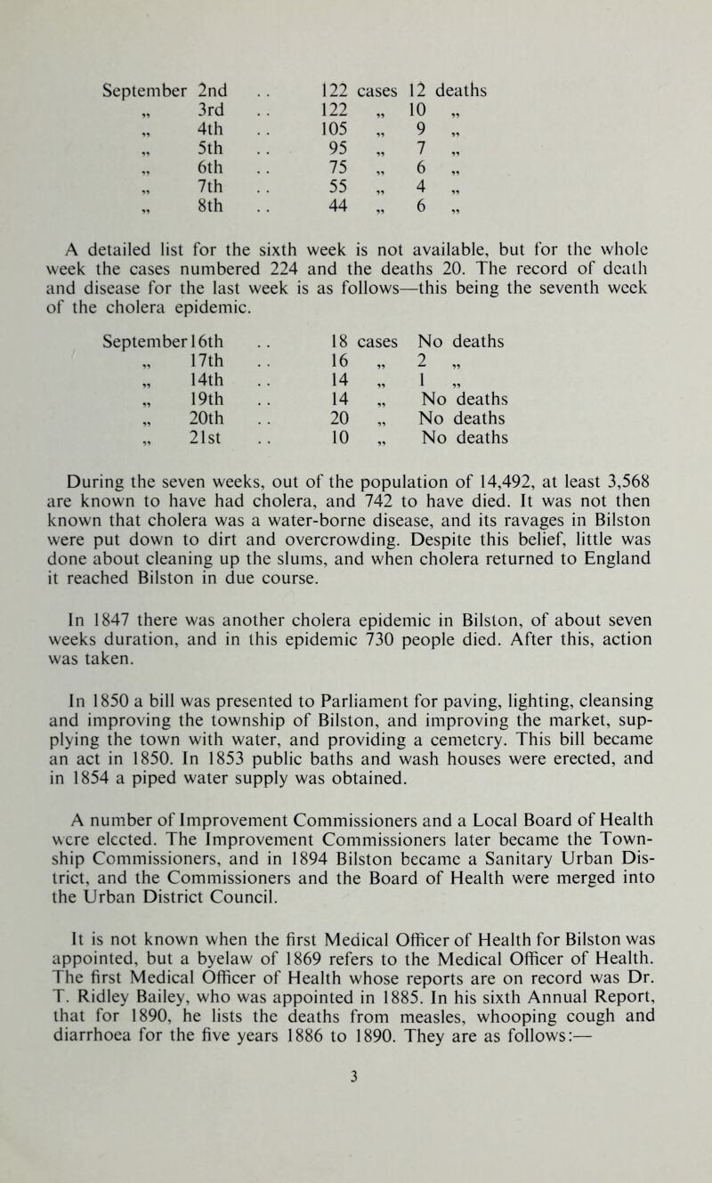 „ 3rd 122 „ 10 „ 4th 105 „ 9 „ 5th 95 „ 7 „ „ 6th 75 „ 6 „ 7th 55 „ 4 „ 8th 44 „ 6 „ A detailed list for the sixth week is not available, but for the whole week the cases numbered 224 and the deaths 20. The record of death and disease for the last week is as follows—this being the seventh week of the cholera epidemic. September 16th 18 cases No deaths „ 17th 16 „ 2 „ „ 14th 14 „ 1 „ „ 19th 14 „ No deaths 20th 20 „ No deaths „ 21st 10 „ No deaths During the seven weeks, out of the population of 14,492, at least 3,568 are known to have had cholera, and 742 to have died. It was not then known that cholera was a water-borne disease, and its ravages in Bilston were put down to dirt and overcrowding. Despite this belief, little was done about cleaning up the slums, and when cholera returned to England it reached Bilston in due course. In 1847 there was another cholera epidemic in Bilston, of about seven weeks duration, and in this epidemic 730 people died. After this, action was taken. In 1850 a bill was presented to Parliament for paving, lighting, cleansing and improving the township of Bilston, and improving the market, sup- plying the town with water, and providing a cemetery. This bill became an act in 1850. In 1853 public baths and wash houses were erected, and in 1854 a piped water supply was obtained. A number of Improvement Commissioners and a Local Board of Health were elected. The Improvement Commissioners later became the Town- ship Commissioners, and in 1894 Bilston became a Sanitary Urban Dis- trict, and the Commissioners and the Board of Health were merged into the Urban District Council. It is not known when the first Medical Officer of Health for Bilston was appointed, but a byelaw of 1869 refers to the Medical Officer of Health. The first Medical Officer of Health whose reports are on record was Dr. T. Ridley Bailey, who was appointed in 1885. In his sixth Annual Report, that for 1890, he lists the deaths from measles, whooping cough and diarrhoea for the five years 1886 to 1890. They are as follows:—