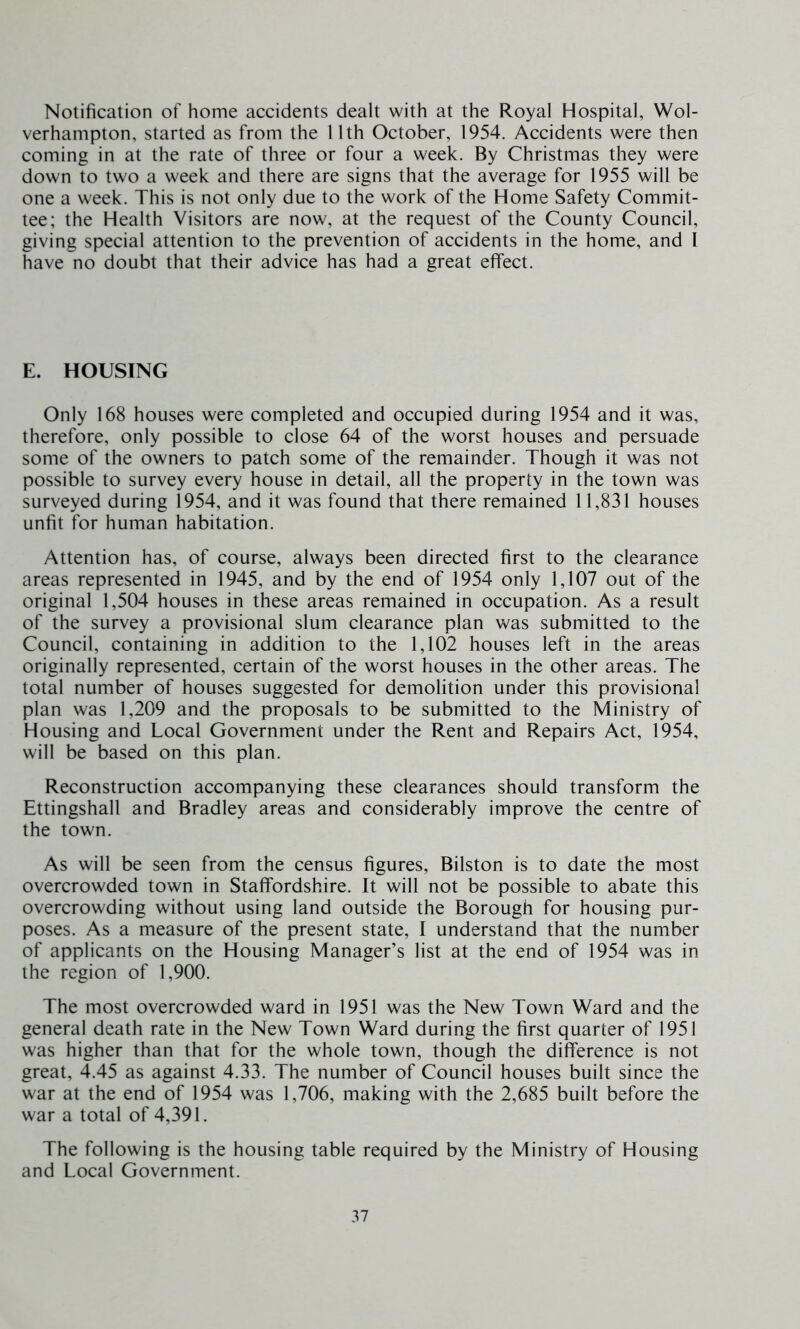 Notification of home accidents dealt with at the Royal Hospital, Wol- verhampton, started as from the 11th October, 1954. Accidents were then coming in at the rate of three or four a week. By Christmas they were down to two a week and there are signs that the average for 1955 will be one a week. This is not only due to the work of the Home Safety Commit- tee; the Health Visitors are now, at the request of the County Council, giving special attention to the prevention of accidents in the home, and I have no doubt that their advice has had a great effect. E. HOUSING Only 168 houses were completed and occupied during 1954 and it was, therefore, only possible to close 64 of the worst houses and persuade some of the owners to patch some of the remainder. Though it was not possible to survey every house in detail, all the property in the town was surveyed during 1954, and it was found that there remained 11,831 houses unfit for human habitation. Attention has, of course, always been directed first to the clearance areas represented in 1945, and by the end of 1954 only 1,107 out of the original 1,504 houses in these areas remained in occupation. As a result of the survey a provisional slum clearance plan was submitted to the Council, containing in addition to the 1,102 houses left in the areas originally represented, certain of the worst houses in the other areas. The total number of houses suggested for demolition under this provisional plan was 1,209 and the proposals to be submitted to the Ministry of Housing and Local Government under the Rent and Repairs Act, 1954, will be based on this plan. Reconstruction accompanying these clearances should transform the Ettingshall and Bradley areas and considerably improve the centre of the town. As will be seen from the census figures, Bilston is to date the most overcrowded town in Staffordshire. It will not be possible to abate this overcrowding without using land outside the Borough for housing pur- poses. As a measure of the present state, I understand that the number of applicants on the Housing Manager’s list at the end of 1954 was in the region of 1,900. The most overcrowded ward in 1951 was the New Town Ward and the general death rate in the New Town Ward during the first quarter of 1951 was higher than that for the whole town, though the difference is not great, 4.45 as against 4.33. The number of Council houses built since the war at the end of 1954 was 1,706, making with the 2,685 built before the war a total of 4,391. The following is the housing table required by the Ministry of Housing and Local Government.