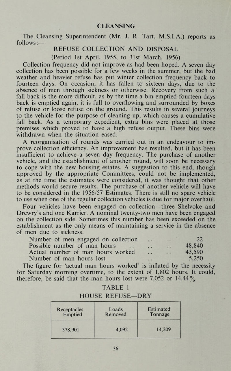 CLEANSING The Cleansing Superintendent (Mr. J. R. Tart, M.S.I.A.) reports as follows:— REFUSE COLLECTION AND DISPOSAL (Period 1st April, 1955, to 31st March, 1956) Collection frequency did not improve as had been hoped. A seven day collection has been possible for a few weeks in the summer, but the bad weather and heavier refuse has put winter collection frequency back to fourteen days. On occasion, it has fallen to sixteen days, due to the absence of men through sickness or otherwise. Recovery from such a fall back is the more difficult, as by the time a bin emptied fourteen days back is emptied again, it is full to overflowing and surrounded by boxes of refuse or loose refuse on the ground. This results in several journeys to the vehicle for the purpose of cleaning up, which causes a cumulative fall back. As a temporary expedient, extra bins were placed at those premises which proved to have a high refuse output. These bins were withdrawn when the situation eased. A reorganisation of rounds was carried out in an endeavour to im- prove collection efficiency. An improvement has resulted, but it has been insufficient to achieve a seven day frequency. The purchase of another vehicle, and the establishment of another round, will soon be necessary to cope with the new housing estates. A suggestion to this end, though approved by the appropriate Committees, could not be implemented, as at the time the estimates were considered, it was thought that other methods would secure results. The purchase of another vehicle will have to be considered in the 1956/57 Estimates. There is still no spare vehicle to use when one of the regular collection vehicles is due for major overhaul. Four vehicles have been engaged on collection—three Shelvoke and Drewry’s and one Karrier. A nominal twenty-two men have been engaged on the collection side. Sometimes this number has been exceeded on the establishment as the only means of maintaining a service in the absence of men due to sickness. Number of men engaged on collection .. . . 22 Possible number of man hours . . . . .. 48,840 Actual number of man hours worked .. . . 43,590 Number of man hours lost .. .. .. 5,250 The figure for ‘actual man hours worked’ is inflated by the necessity for Saturday morning overtime, to the extent of 1,802 hours. It could, therefore, be said that the man hours lost were 7,052 or 14.44%. TABLE 1 HOUSE REFUSE—DRY Receptacles Emptied Loads Removed Estimated Tonnage 378,901 4,092 14,209