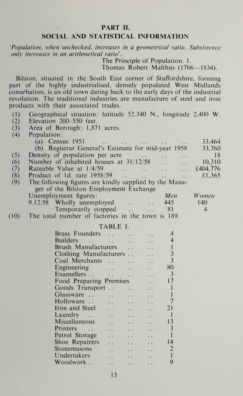 PART II. SOCIAL AND STATISTICAL INFORMATION 'Population, when unchecked, increases in a geometrical ratio. Subsistence only increases in an arithmetical ratio. The Principle of Population. 1. Thomas Robert Malthus (1766—1834). Bilston, situated in the South East corner of Staffordshire, forming part of the highly industrialised, densely populated West Midlands conurbation, is an old town dating back to the early days of the industrial revolution. The traditional industries are manufacture of steel and iron products with their associated trades. (1) Geographical situation: latitude 52.340 N., longitude 2,400 W. (2) Elevation 200-550 feet. (3) Area of Borough: 1,871 acres. (4) Population: (a) Census 1951 33,464 (b) Registrar General’s Estimate for mid-year 1958 33,760 (5) Density of population per acre .. .. .. 18 (6) Number of inhabited houses at 31/12/58 .. .. 10,310 (7) Rateable Value at 1/4/59 .. £404,776 (8) Product of Id. rate 1958/59 .. .. .. .. £1,365 (9) The following figures are kindly supplied by the Mana- ger of the Bilston Employment Exchange Unemployment figures: Men Women 9.12.58 Wholly unemployed .. .. 445 140 Temporarily stopped . . . . 81 4 (10) The total number of factories in the town is 189. TABLE I. Brass Founders .. .. .. 4 Builders .. . . . . . . 4 Brush Manufacturers .. .. 1 Clothing Manufacturers . . .. 3 Coal Merchants . . .. .. 3 Engineering . . . . . . 80 Enamellers . . . . . . . . 3 Food Preparing Premises .. 17 Goods Transport . . .. .. 1 Glassware .. . . .. . . 1 Holloware .. . . .. .. 7 Iron and Steel . . .. . . 21 Laundry . . . . . . .. 1 Miscellaneous .. .. .. 13 Printers . . . . .. 3 Petrol Storage . . .. .. 1 Shoe Repairers . . .. .. 14 Stonemasons . . . . .. 2 Undertakers .. .. .. 1 Woodwork .. . . . . 9