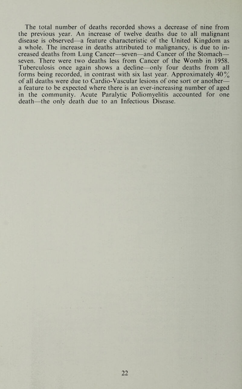 The total number of deaths recorded shows a decrease of nine from the previous year. An increase of twelve deaths due to all malignant disease is observed—a feature characteristic of the United Kingdom as a whole. The increase in deaths attributed to malignancy, is due to in- creased deaths from Lung Cancer—seven—and Cancer of the Stomach— seven. There were two deaths less from Cancer of the Womb in 1958. Tuberculosis once again shows a decline—only four deaths from all forms being recorded, in contrast with six last year. Approximately 40% of all deaths were due to Cardio-Vascular lesions of one sort or another— a feature to be expected where there is an ever-increasing number of aged in the community. Acute Paralytic Poliomyelitis accounted for one death—the only death due to an Infectious Disease.