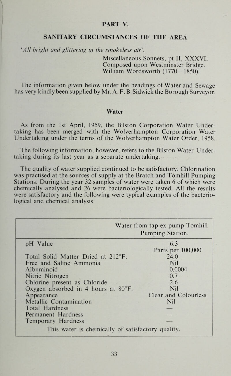 SANITARY CIRCUMSTANCES OF THE AREA AH bright and glittering in the smokeless aid. Miscellaneous Sonnets, pt II, XXXVI. Composed upon Westminster Bridge. William Wordsworth (1770—1850). The information given below under the headings of Water and Sewage has very kindly been supplied by Mr. A. F. B.Sidwick the Borough Surveyor. Water As from the 1st April, 1959, the Bilston Corporation Water Under- taking has been merged with the Wolverhampton Corporation Water Undertaking under the terms of the Wolverhampton Water Order, 1958. The following information, however, refers to the Bilston Water Under- taking during its last year as a separate undertaking. The quality of water supplied continued to be satisfactory. Chlorination was practised at the sources of supply at the Bratch and Tomhill Pumping Stations. During the year 32 samples of water were taken 6 of which were chemically analysed and 26 were bacteriologically tested. All the results were satisfactory and the following were typical examples of the bacterio- logical and chemical analysis. Water from tap ex pump Tomhill Pumping Station. pH Value 6.3 Parts per 100,000 Total Solid Matter Dried at 212°F. 24.0 Free and Saline Ammonia Nil Albuminoid 0.0004 Nitric Nitrogen 0.7 Chlorine present as Chloride 2.6 Oxygen absorbed in 4 hours at 80°F. Nil Appearance Clear and Colourless Metallic Contamination Nil Total Hardness — Permanent Hardness — Temporary Hardness — This water is chemically of satisfactory quality.