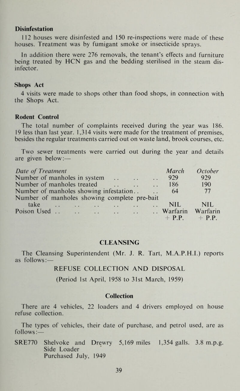 Disinfestation 112 houses were disinfested and 150 re-inspections were made of these houses. Treatment was by fumigant smoke or insecticide sprays. In addition there were 276 removals, the tenant’s effects and furniture being treated by HCN gas and the bedding sterilised in the steam dis- infector. Shops Act 4 visits were made to shops other than food shops, in connection with the Shops Act. Rodent Control The total number of complaints received during the year was 186. 19 less than last year. 1,314 visits were made for the treatment of premises, besides the regular treatments carried out on waste land, brook courses, etc. Two sewer treatments were carried out during the year are given below:— and details Date of Treatment March October Number of manholes in system 929 929 Number of manholes treated 186 190 Number of manholes showing infestation.. Number of manholes showing complete pre-bait 64 77 take NIL NIL Poison Used .. Warfarin Warfarin + P.P. + P.P. CLEANSING The Cleansing Superintendent (Mr. J. R. Tart, M.A.P.H.I.) reports as follows:— REFUSE COLLECTION AND DISPOSAL (Period 1st April, 1958 to 31st March, 1959) Collection There are 4 vehicles, 22 loaders and 4 drivers employed on house refuse collection. The types of vehicles, their date of purchase, and petrol used, are as follows:— SRE770 Shelvoke and Drewry 5,169 miles 1,354 galls. 3.8 m.p.g. Side Loader Purchased July, 1949