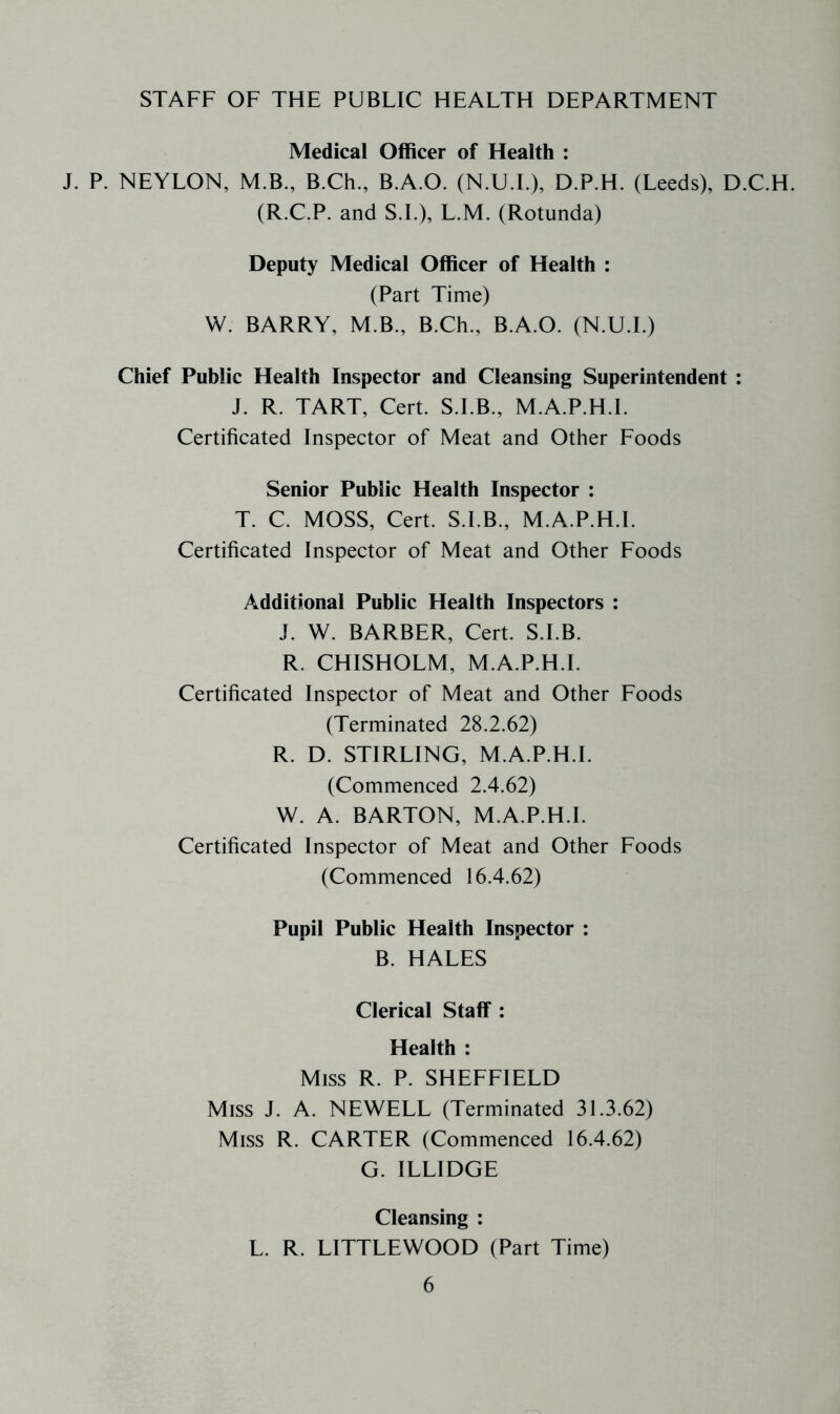 STAFF OF THE PUBLIC HEALTH DEPARTMENT Medical Officer of Health : J. P. NEYLON, M.B., B.Ch., B.A.O. (N.U.L), D.P.H. (Leeds), D.C.H. (R.C.P. and S.L), L.M. (Rotunda) Deputy Medical Officer of Health : (Part Time) W. BARRY, M.B., B.Ch., B.A.O. (N.U.L) Chief Public Health Inspector and Cleansing Superintendent : J. R. TART, Cert. S.I.B., M.A.P.H.I. Certificated Inspector of Meat and Other Foods Senior Public Health Inspector : T. C. MOSS, Cert. S.I.B., M.A.P.H.I. Certificated Inspector of Meat and Other Foods Additional Public Health Inspectors : J. W. BARBER, Cert. S.I.B. R. CHISHOLM, M.A.P.H.I. Certificated Inspector of Meat and Other Foods (Terminated 28.2.62) R. D. STIRLING, M.A.P.H.I. (Commenced 2.4.62) W. A. BARTON, M.A.P.H.I. Certificated Inspector of Meat and Other Foods (Commenced 16.4.62) Pupil Public Health Inspector : B. HALES Clerical Staff : Health : Miss R. P. SHEFEIELD Miss J. A. NEWELL (Terminated 31.3.62) Miss R. CARTER (Commenced 16.4.62) G. ILLIDGE Cleansing : L. R. LITTLEWOOD (Part Time)