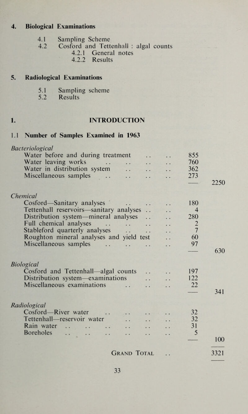 4. Biological Examinations 4.1 Sampling Scheme 4.2 Cosford and Tettenhall : algal counts 4.2.1 General notes 4.2.2 Results 5. Radiological Examinations 5.1 Sampling scheme 5.2 Results 1. INTRODUCTION 1.1 Number of Samples Examined in 1963 Bacteriological Water before and during treatment Water leaving works Water in distribution system Miscellaneous samples Chemical Cosford—Sanitary analyses Tettenhall reservoirs—sanitary analyses .. Distribution system—mineral analyses Full chemical analyses Stableford quarterly analyses Roughton mineral analyses and yield test Miscellaneous samples Biological Cosford and Tettenhall—algal counts Distribution system—examinations Miscellaneous examinations Radiological Cosford—River water Tettenhall—reservoir water Rain water Boreholes Grand Total 855 760 362 273 2250 180 4 280 2 7 60 97 197 122 22 32 32 31 5 3321