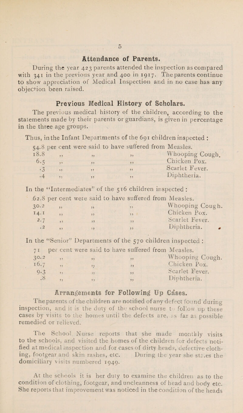 Attendance of Parents. During the year 423 parents attended the inspection as compared with 341 in the previous year and 400 in 1917. The parents continue to show appreciation of Medical Inspection and in no case has any objection been raised. PreYious Medical History of Scholars. The previous medical history of the children, according to the statements made by their parents or guardians, is given in percentage in the three age groups. Thus, in the Infant Departments of the 691 children inspected : 54.8 per cent were said to have suffered from Measles. Whooping Cough. 18.8 •3 •4 j 5 j ^ ? j j) >) 55 55 55 55 5 5 Chicken Pox. Scarlet P'ever. Diphtheria. In the “Intermediates” of the 516 children inspected : 62.8 per cent were said to have suffered from Measles. 30.2 ,, ,, ,, Whooping Cough, 14.1 ,, ,, ,, Chicken Pox. 2.7 ,, ,, ,, Scarlet Fever. .2 ,, ,, ,, Diphtheria. # In the “Senior” Departments of the 570 children inspected : 71 per cent were said to have suffered from Measles. 30-2 ,, ,, ,, Whooping Cough. 16.7 ,, ,, ,, Chicken Pox. 9.3 55 55 55 Scarlet Fever. .8 ,, ,, ,, Diphtheria. Arrangements for Following Up Cases. The parents of the children are notified of any defect found during inspection, and it is the duty of the school nurse t'^ follow up these cases by visits to the homes until the defects are, ys far as possible remedied or relieved. The School Nurse reports that she made monthly visits to the schools, and visited the homes of the children for defects noti¬ fied at medical inspection and for cases of dirty heads, defective cloth¬ ing, footgear and skin rashes, etc. During the year she str.es the domiciliary 'visits numbered 1949. At the schools it is her duty to examine the children as to the condition of clothing, footgear, and uncleanness of head and body etc. She reports that improvement was noticed in the condition of the heads