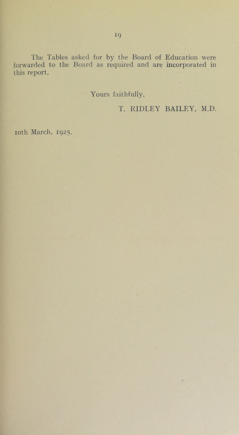 The Tables asked for by the Board of Education were forwarded to the Board as required and are incorporated in this report. Yours faithfully, T. RIDLEY BAILEY. M.D. loth March, 1925.