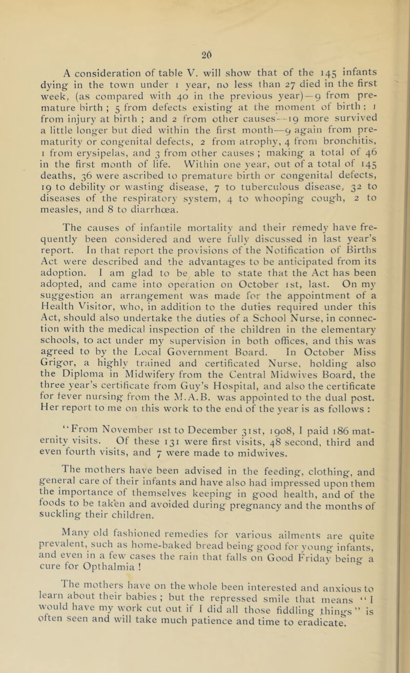 A consideration of table V. will show that of the 145 infants dying’ in the town under i year, no less than 27 died in the first week, (as compared with 40 in the previous year) —9 from pre- mature birth ; 5 from defects existing at the moment of birth ; i from injury at birth ; and 2 from other causes- - 19 more survived a little longer but died within the first month—9 again from pre- maturity or congenital defects, 2 from atrophy, 4 from bronchitis, 1 from erysipelas, and 3 from other causes ; making a total of 46 in the first month of life. Within one year, out of a total of 145 deaths, 36 were ascribed to premature birth or congenital defects, 19 to debility or wasting disease, 7 to tuberculous disease, 32 to diseases of the respiratory system, 4 to whooping cough, 2 to measles, and 8 to diarrhoea. The causes of infantile mortality and their remedy have fre- quently been considered and were fully discussed in last year’s report. In that report the provisions of the Notification of Births Act were described and the advantages to be anticipated from its adoption. 1 am glad to be able to state that the Act has been adopted, and came into operation on October ist, last. On my suggestion an arrangement was made for the appointment of a Health Visitor, who, in addition to the duties required under this Act, should also undertake the duties of a School Nurse, in connec- tion with the medical inspection of the children in the elementary schools, to act under my supervision in both offices, and this was agreed to by the Local Government Board. In October Miss Grigor, a highly trained and certificated Nurse, holding also the Diploma in Midwifery from the Central Midwives Board, the three year’s certificate from Guy’s Hospital, and also the certificate for fever nursing from the M.A.B. was appointed to the dual post. Her report to me on this work to the end of the year is as follows : “From November ist to December 31st, 1908, 1 paid 186 mat- ernity visits. Of these 131 were first visits, 48 second, third and even fourth visits, and 7 were made to midwives. The mothers have been advised in the feeding, clothing, and general care of their infants and have also had impressed upon them the importance of themselves keeping in good health, and of the foods to be taken and avoided during pregnancy and the months of suckling their children. Many old fashioned remedies for various ailments are quite pievalent, such as home-baked bread being’good for young infants, and even in a few cases the rain that falls on Good bh’idav bein*--’ a cure for Opthalmia !  The mothers have on the whole been interested and anxious to learn about their babies ; but the repressed smile that means “ I would have my work cut out if 1 did all those fiddling thing’s” is often seen and will take much patience and time to eradicate.