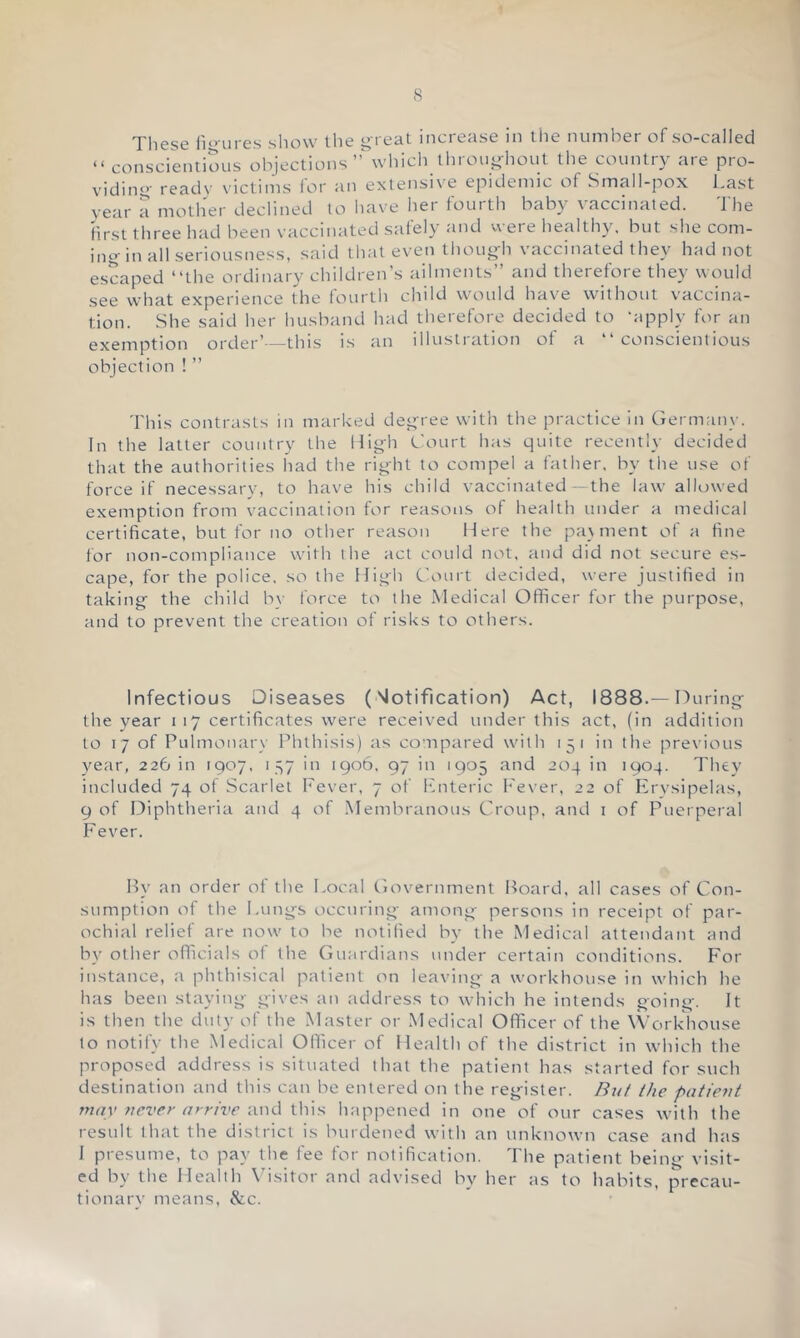 <s These fio ures show tlie o real increase in tlie number of so-called “ conscientious objections ”^vhich throuo-hout the country are pro- vidino- ready victims for an extensive epidemic of Small-pox Last year a mother declined to have hei louith babj \accmaled. 1 he first three had been vaccinated safely and were healthy, but she com- ing-in all seriousness, said that even thoug-h vaccinated they had not escaped “the ordinary children’s ailments” and therefore they would see what experience the lourth child would have without vaccina- tion. She said her husband had therefore decided to ‘apply for an exemption order’—this is an illListration ot a “ conscientious objection ! ” This contrasts in marked deg-ree with the practice In Germany. In the latter country the Hig-h e'ourt has quite recently decided that the authorities had the right to compel a father, by the use of force if necessary, to have his child vaccinated—the law allowed exemption from vaccination for reasons of health under a medical certificate, but for no other reason Here the pa\ ment of a fine for non-compliance with the act could not, and did not secure es- cape, for the police, so the High Court decided, were justified in taking- the child by force to the Medical Officer for the purpose, and to prevent the creation of risks to others. Infectious Diseases ('Notification) Act, 1888.—During tlie year 117 certificates were received under this act, (in addition to 17 of Pulmonary Phthisis) as co-npared with 151 in the previous year, 226 in 1907, y^7 in igo6. 97 in 1905 and 204 in 1904. Thev included 74 ot Scarlet Fever, 7 of haiteric Fever, 22 of Ervsipelas, 9 of Diphtheria and 4 of Membranous Croup, and i of Puerperal Fever. Hy an order of tlie Local Government l^oard, all cases of Con- sumption of the Lungs occuring among persons in receipt of par- ochial relief are now to be notified by the Medical attendant and by other officials of the Guardians under certain conditions. For instance, a phthisical patient on leaving a workhouse in which he has been staying gives an address to which he intends going. It is then the duty of the Master or Medical Officer of the Workhouse to notify the Medical Ofiicer of Health of the district in which the proposed address is situated that the patient has started for such destination and this can be entered on the register. But the patient may never arrive \\\\'> happened in one of our cases with the result that the district is burdened with an unknown case and has I presume, to pay the fee for notification. The patient being visit- ed by the Health Visitor and advised by her as to habits, precau- tionarv means, &c.