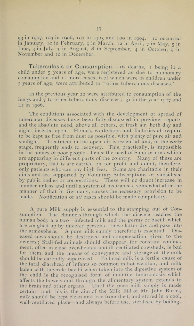 93 ill 1907, 103 in 1906, J07 in 1905 and 100 in 1904. 10 occurred in January, 10 in February, 9 in March, 12 in April, 7 in May, 3 in June, 3 in July, 3 in Au»-ust, 8 in September, 4 in October, 9 in November and 10 in December. Tuberculosis or Consumption.—16 deaths, i being- in a child under 5 years of ag'e, were reg^istered as due to pulmonary consumption and ii more cases, 6 of which were in children under 5 years of ag^e, were attributed to “other tuberculous diseases.” In the previous year 22 were attributed to consumption of the lung’s and 7 to other tuberculous diseases ; 31 in the year 1907 and 42 in 1906. The conditions associated with the development or spread of tubercular diseases have been fully discussed in previous reports and the absolute need, above all others, of fresh air, both day and nig’ht, insisted upon. Homes, workshops and factories all require to be kept as free from dust as possible, with plenty of pure air and sunlight. Treatment in the open air is essential and, in the early stage, frequently leads to recovery. This, practically, is impossible in the homes of poor people—hence the need of Sanatoriums which are appearing in different parts of the country. Many of these are proprietary, that is are carried on for profit and admit, therefore, only patients who can pay high fees. Some are charitable in their aims and are supported by Voluntary Subscriptions or subsidised by public bodies or corporations. These will no doubt increase in number unless and until a system of insurances, somewhat after the manner of that in Germany, causes the necessary provision to be made. Notification of all cases should be made compulsory. A pure Milk supply is essential to the stamping out of Con- sumption. The channels through which the disease reaches the human body are two—infected milk and the germs or bacilli which are coughed up by infected persons—these latter dry and pass into the atmosphere. A pure milk supply therefore is essential. Dis- eased cows should be destroyed and compensation given to the owners ; Stall-fed animals should disappear, for constant confine- ment, often in close over-heated and ill-ventilated cowsheds, is bad for them, and the means of conveyance and storage ot the milk should be carefully supervised. Polluted milk is a fertile cause of the fatal diarrhoea of infants so common in hot weather, and milk laden with tubercle bacilli when taken into the digestive system ot the child is the recognised form of infantile tuburculosis which affects the bowels and through the alimentary system extends to the brain and other organs. Until the pure milk supply is made certain—and this is the aim of the Milk Hill ot Mr. John Burns, milk should be kept clean and free from dust, and stored in a cool, well-ventilated place—and always before use, sterilised by boiling.