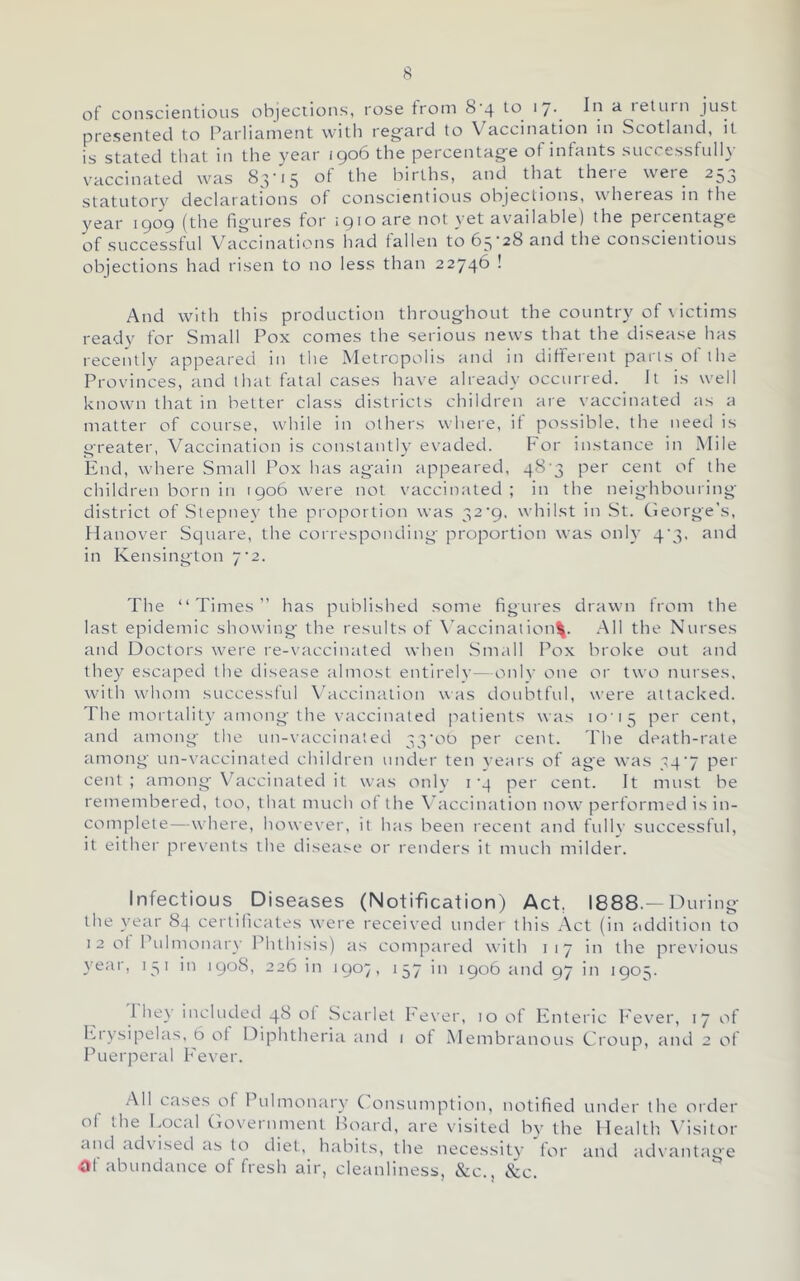 of conscientious objections, rose from 8'4 to 17. Iii a leturn just presented to Parliament with reg'ard to Vaccination in Scotland, it is stated that in the year 1906 the percentag-e of infants successfully vaccinated was 83'15 ot the births, and that thei e were 253 statutory declarations of conscientious objections, whereas in the year 1909 (the figures for 1910 are not yet available) the percentage of successful Vaccinations had fallen to 63 28 and the conscientious objections had risen to no less than 22746 1 And with this production throughout the country of \ ictims ready for Small Pox comes the serious news that the disease has recently appeared in the Metropolis and in different pans ol the Provinces, and that fatal cases have already occurred. It is well known that in better class districts children are vaccinated as a matter of course, while in others where, it possible, the need is greater, Vaccination is constantly evaded. For instance in Mile End, where Small Pox has again appeared, 48 3 per cent of the children born in 1906 were not vaccinated; in the neighbouring district of Stepney the proportion was 32^9. whilst in St. Cleorge's, Hanover Square, the corresponding proportion was only 4’3, and in Kensington yz. The “Times” has published some figures drawn from the last epidemic showing the results of \accination\. .All the Nurses and Doctors were re-vaccinated when Small Pox broke out and the}'^ escaped the disease almost entirely—only one or two nurses, with whom successful \hiccination was doubtful, were attacked. The mortality among the vaccinated patients was 1015 per cent, and among the un-vaccinated 33^00 per cent. The death-rate among un-vaccinated children under ten years of age was 34'7 per cent ; among Vkxccinated it was only i ‘4 per cent. It must be remembered, too, that much ot the \’accination now performed is in- complete—where, however, it has been recent and fully successful, it either prevents the dise<'ise or renders it much milder. Infectious Diseases (Notification) Act, 1888.—During the year 84 certificates were received under this Act (in addition to 12 ot Pulmonary Phthisis) as compared with 117 in the previous year, 131 in 1908, 226 in 190}, 137 iu 1906 and 97 in 1903. 1 he\ included 4b ol Scarlet fever, 10 ot Enteric Fever, 17 of It-1 y si pel as, 6 ot Diphtheria and 1 ot Membranous Croup, and 2 of Puerperal Fever. All cases of Pulmonary ( onsumption, notified under the order of the Local Government Hoard, are visited by the Health A’isitor and advised as to diet, habits, the necessity 'for and advantage Ol abundance of fresh air, cleanliness, &c., &c.