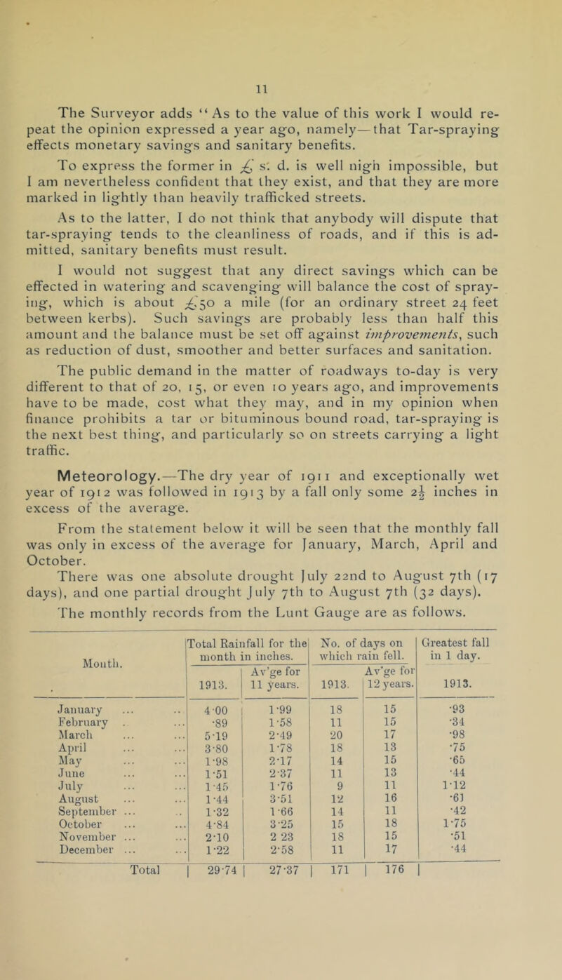 The Surveyor adds “As to the value of this work I would re- peat the opinion expressed a year ago, namely—that Tar-spraying effects monetary savings and sanitary benefits. To express the former in jQ s', d. is well nigh impossible, but I am nevertheless confident that they exist, and that they are more marked in lightly than heavily trafficked streets. As to the latter, I do not think that anybody will dispute that tar-spraying tends to the cleanliness of roads, and if this is ad- mitted, sanitary benefits must result. I would not suggest that any direct savings which can be effected in watering and scavenging will balance the cost of spray- ing, which is about £,50 a mile (for an ordinary street 24 feet between kerbs). Such savings are probably less than half this amount and the balance must be set off against improveme?its, such as reduction of dust, smoother and better surfaces and sanitation. The public demand in the matter of roadways to-day is very different to that of 20, 15, or even 10 years ago, and improvements have to be made, cost what they may, and in my opinion when finance prohibits a tar or bituminous bound road, tar-spraying is the next best thing, and particularly so on streets carrying a light traffic. Meteorology.—The dry year of 1911 and exceptionally wet year of 1912 was followed in 1913 by a fall only some 2\ inches in excess of the average. From the statement below it will be seen that the monthly fall was only in excess of the average for January, March, April and October. There was one absolute drought July 22nd to August 7th (17 days), and one partial drought July 7th to August 7th (32 days). The monthly records from the Lunt Gauge are as follows. Mouth. Total Rainfall for the month in inches. No. of days on which rain fell. Greatest fall in 1 day. 1913. Av’ge for 11 years. 1913. Av’ge for 12 years. 1913. January 4 00 1-99 18 15 •93 February •89 1-58 11 15 •34 March 5-19 2-49 20 17 •98 April 3-80 1-78 18 13 •75 May 1-98 2T7 14 15 •65 June 1-51 2-37 11 13 •44 July 1-45 1 *76 9 11 1-12 August 1-44 3-51 12 16 •61 September ... 1-32 1-66 14 11 ■42 October 4-84 3 25 15 18 1-75 November ... 2-10 2 23 18 15 •51 December ... 1-22 2-58 1 11 17 •44 Total 29-74 27-37 1 171 | 176 1