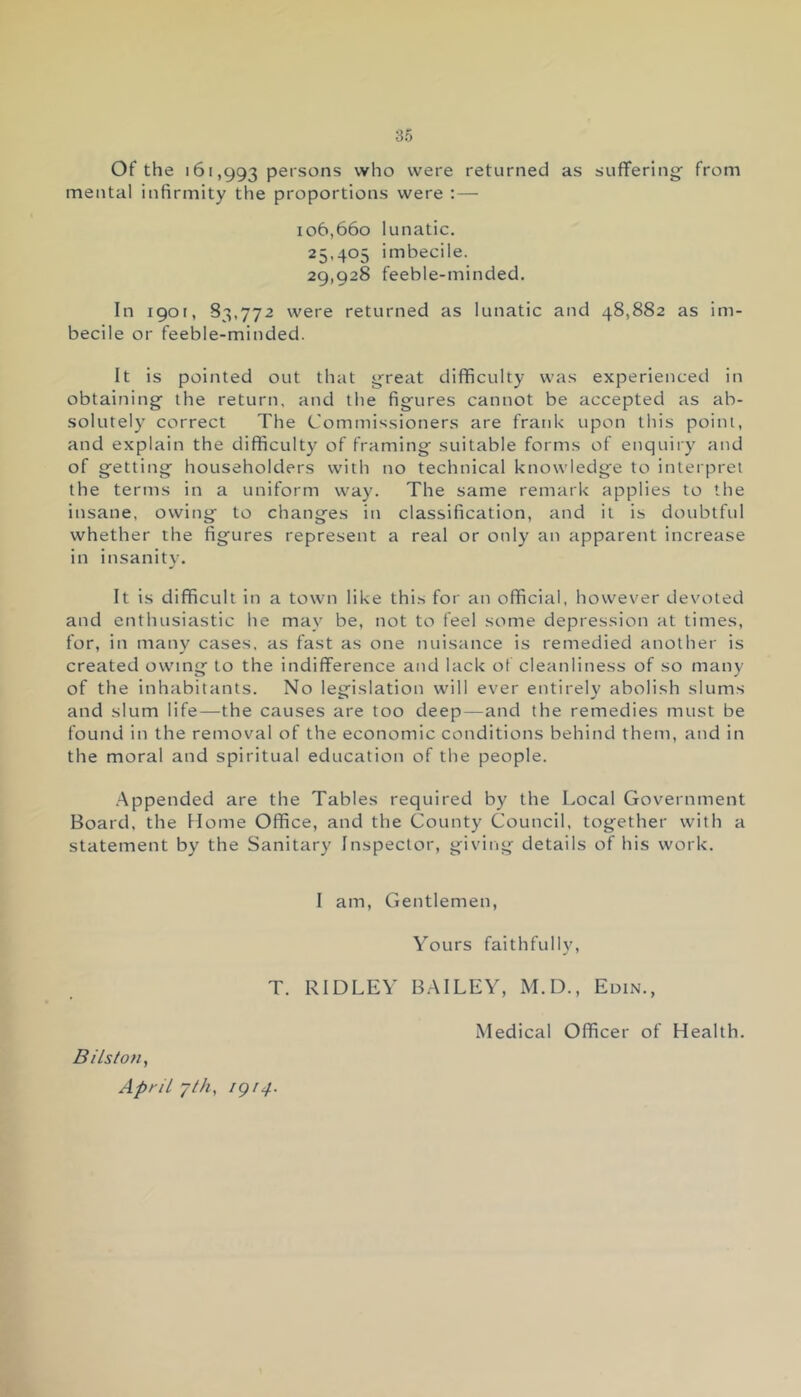 Of the 161,993 persons who were returned as suffering- from mental infirmity the proportions were : — 106,660 lunatic. 25,405 imbecile. 29,928 feeble-minded. In 1901, 83,772 were returned as lunatic and 48,882 as im- becile or feeble-minded. It is pointed out that great difficulty was experienced in obtaining- the return, and the figures cannot be accepted as ab- solutely correct The Commissioners are frank upon this point, and explain the difficulty of framing suitable forms of enquiry and of getting householders with no technical knowledge to interpret the terms in a uniform way. The same remark applies to the insane, owing to changes in classification, and it is doubtful whether the figures represent a real or only an apparent increase in insanity. It is difficult in a town like this for an official, however devoted and enthusiastic he may be, not to feel some depression at times, for, in many cases, as fast as one nuisance is remedied another is created owing to the indifference and lack of cleanliness of so many of the inhabitants. No legislation will ever entirely abolish slums and slum life—the causes are too deep—and the remedies must be found in the removal of the economic conditions behind them, and in the moral and spiritual education of the people. Appended are the Tables required by the Local Government Board, the Home Office, and the County Council, together with a statement by the Sanitary Inspector, giving details of his work. I am, Gentlemen, Yours faithfully, T. RIDLEY BAILEY, M.D., Edin., Medical Officer of Health. Bits ton, April jth, igi4.