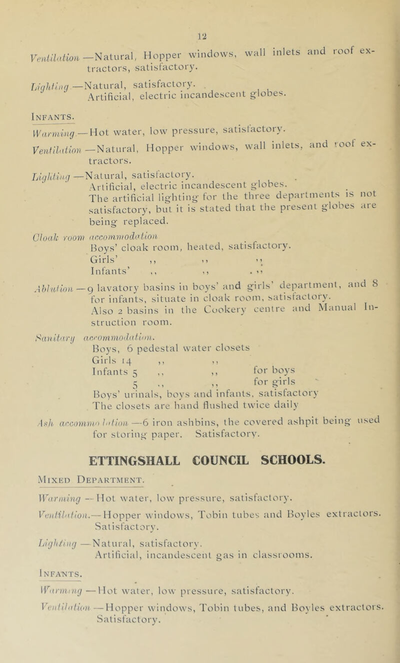 Venlilation —NcXlurA\, Hopper windows, tractors, satisfactory. wall inlets and roof ex- —-Natural, satisfactory. Artificial, electric incandescent globes. Infants. WannUig.— Hot water, low pressure, satislactory. Venlihition —Natural, Hopper windows, wall inlets, and root ex- tractors. Lu//t/aN.7—Natural, satisfactory. Artificial, electric incandescent globes. The artificial lighting for the three departments is not satisfactory, but it is stated that the present globes are being replaced. Cloak room arxonimodation Boys’ cloak room, heated, satisfactory. Girls )) )» ' ’ Infants’ ,, m ■  —9 lavatory basins in boys’ and girls’ department, and 8 for infants, situate in cloak room, satistactory. Also 2 basins in the Cookery centre and Manual In- struction room. Sanitanj aorornmodatirm. Boys, 6 pedestal water closets Girls 14 ,, ,, Infants 5 ,, ,, lor boys 5 ., ,, for girls Boys’ urinals, boys and intants, satistactory The closets are hand flushed twice daily I.s'/i ar.comvio hifioib—6 iron ashbins, the covered ashpit being used for storing paper. Satisfactory. ETTINGSHALL COUNCIL SCHOOLS. Mixed Department. Wanning —Hot water, low pressure, satisfactory. Ventilation.— Hopper windows, Tobin tubes and Boyles extractors. Satisfactory. Lighting —Natural, satisfactory. Artificial, incandescent gas in classrooms. Infants. Wanning—Hot water, low pressure, satisfactory. Ventilation — Hopper windows, Tobin tubes, and Boyles extractors. Satisfactory.