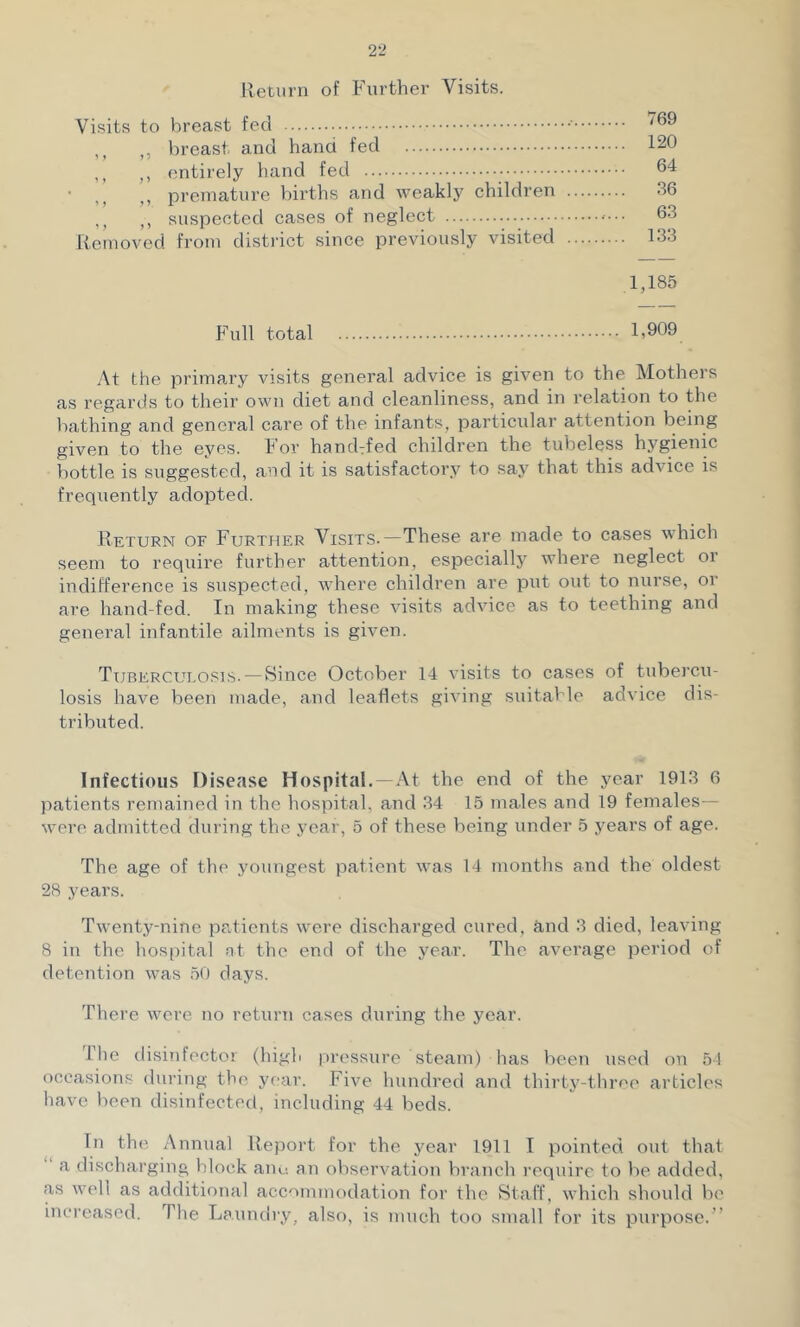 lletiirn of Further Visits. Visits to breast fed ,, ,, breast and hand fed ,, ,, entirely hand fed ,, premature births and weakly children ,, ,, suspected cases of neglect Removed from district since previously visited 769 120 64 36 63 133 1,185 Full total F909 At the primary visits general advice is given to the Mothers as regards to their own diet and cleanliness, and in relation to the bathing and general care of the infants, particular attention being given to the eyes. For handTfed children the tubeless hygienic bottle is suggested, and it is satisfactory to say that this advice is frequently adopted. Return of Further Visits.—These are made to cases which seem to require further attention, especially where neglect or indifference is suspected, where children are put out to nurse, oi are hand-fed. In making these visits advice as to teething and general infantile ailments is given. Tuberculosis. — Since October 14 visits to cases of tubercu- losis have been made, and leaflets giving suitable advice dis- tributed. Infectious Disease Hospital.—At the end of the year 1913 6 patients remained in the hospital, and 34 15 males and 19 females— were admitted during the year, 5 of these being under 5 years of age. The age of the youngest patient was 14 months and the oldest 28 years. Twenty-nine patients were discharged cured, and 3 died, leaving 8 in the hospital at the end of the year. The average period of detention was 50 days. There were no return cases during the year. llie disinfector (high jn'essure steam) has been used on 54 occasions during the year. Five hundred and thirty-three articles have been disinfected, including 44 beds. In the Annual Report for the jmar 1911 T pointed out that “ a discharging block am; an observation branch require to be added, as well as additional accmumodation for the Staff, which should be increased. The Laundry, also, is much too small for its purpose.”