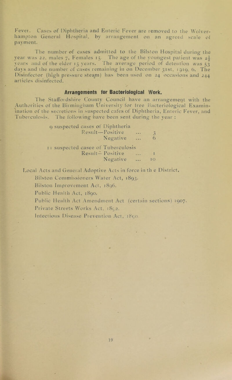 Fever. Cases of Diphtheria and Enteric Fever are removed to the Wolver- hampton General Hospital, by arrangement on an agreed scale o( payment. The number of cases admitted to the Bilston Hospital during the year was 22. males 7, Females 15. The age of the youngest patient was 2}, years and of the elder 15 years. The average period of detention was 53 days and the number of cases remaining in on December 31st, 1919, b. The Disinfector (high pressure steam) has been used on 24 occasions and 244 articles disinfected. Arrangements for Bacteriological Work. The StafFoi dshire County Council have an arrangement with the Authorities of the Birmingham University for free Bacteriological Examin- inalion of the secretions in suspected cafes of Diphtheria, Enteric Fever, and Tuberculosis, The following have been sent during the year : 9 suspected cases of Diphtheria Result—Positive ... 3 Negative ... 6 1 1 suspected casee of Tuberculosis Result— Positive ... 1 Negative ... 10 Focal Acts and General Adoptive Acts in force in th e District. Bilston Commissioners Water Act, 1893. Bilston Improvement Act, 1896. Public Health Act, 1890. Public Health Act Amendment Act (certain sections) 1907. Private Streets Works Act, 1892. Infectious Disease Prevention Act, 1S10 10